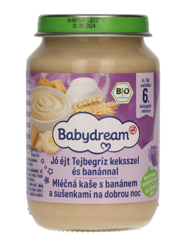Hungary product data sample: Babydream bio Jó Éjt Tejbegríz keksz-banán 6 hónapos kortól - 190 g