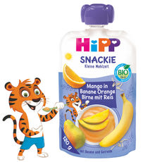 HiPP Bio Snackie gyümölcspüré mangóval, banánnal, naranccsal, körtével és rizzsel 1 éves kortól - 120 ml kisképe