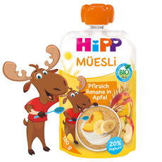 HiPP Bio gyümölcspüré őszibarackkal, banánnal, almával, joghurttal és müzlivel - 120 g kisképe