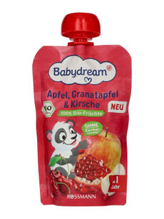 Babydream Bio gyümölcspüré, alma-gránátalma-meggy – 1 éves kortól - 100g kisképe