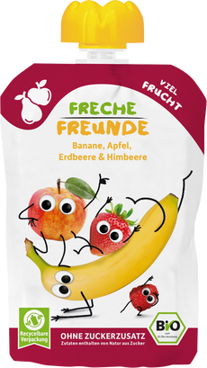 Freche Freunde Bio gyümölcspüré banán, alma, eper, málna - 100 g kisképe