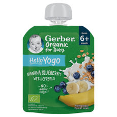 Gerber Organic for Baby Hello Yogo bio banán-áfonya gyümölcspüré gabonával 6 hónapos kortól - 80 g kisképe