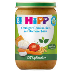 HiPP Bio zöldségek rizzsel, csicseriborsóval és borsófehérjével 8 hónapos kortól - 220 g kisképe