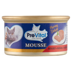PreVital Mousse nedves macskaeledel, macskatáp felnőtt macskáknak marhával pástétom konzerv - 85 g kisképe