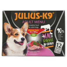Julius-K9 állateledel kutyáknak borjúval, nyúllal 12x100 g - 1200 g kisképe