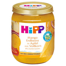 HiPP bio gyümölcskészítmény bébidesszert gabonával alma-mangó-eper 6 hónapos kortól - 160 g kisképe