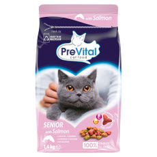 PreVital száraz macskaeledel, macskatáp idős macskáknak lazaccal - 1,4 kg kisképe
