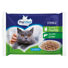 PreVital nedves macskaeledel steril macskáknak szószban baromfival és májjal alutasakos macskatáp (4x100g) - 400 g kisképe
