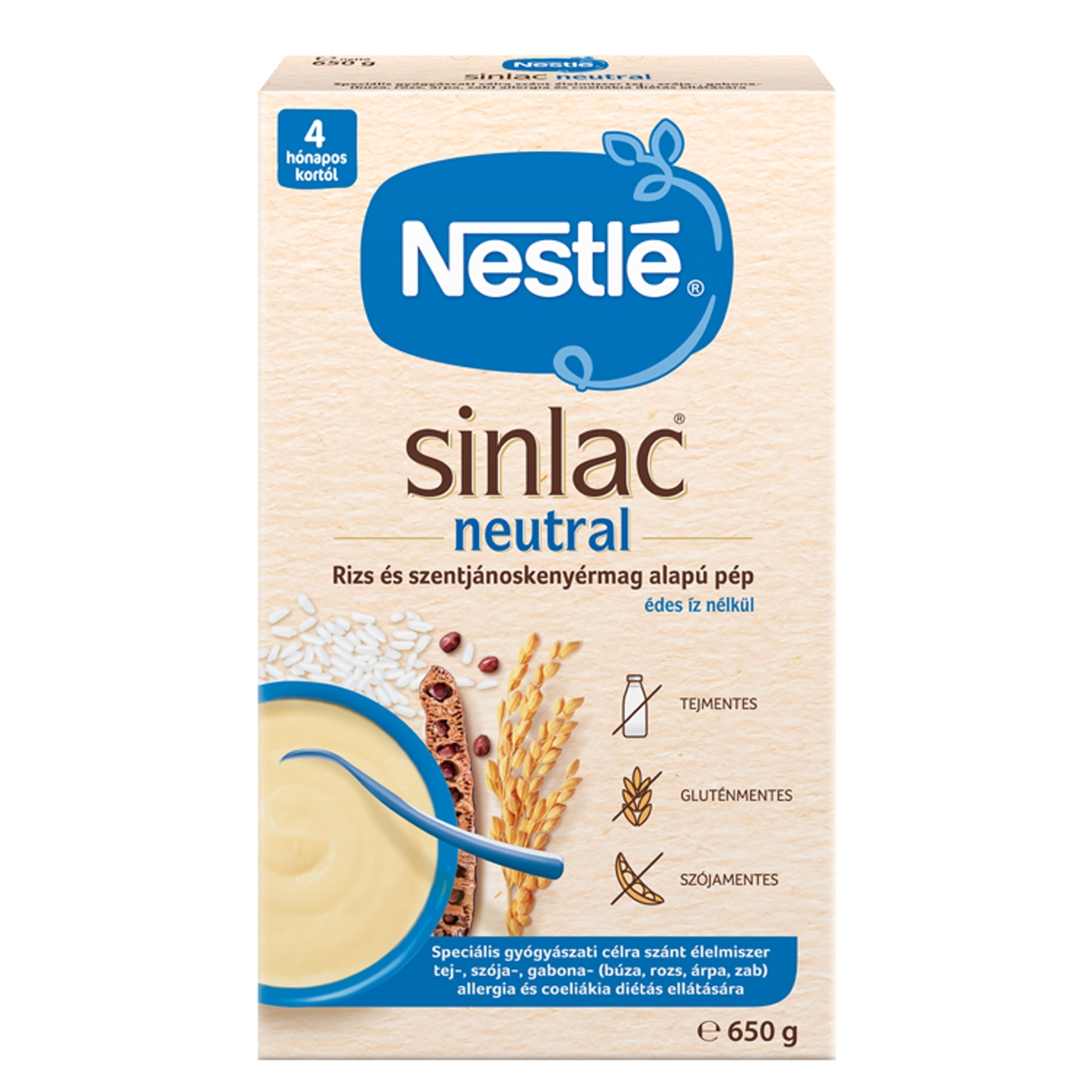 Nestle Sinlac Neutral Rizs-és szentjároskenyérmag alapú pép 4 hónapos kortól - 650g-1