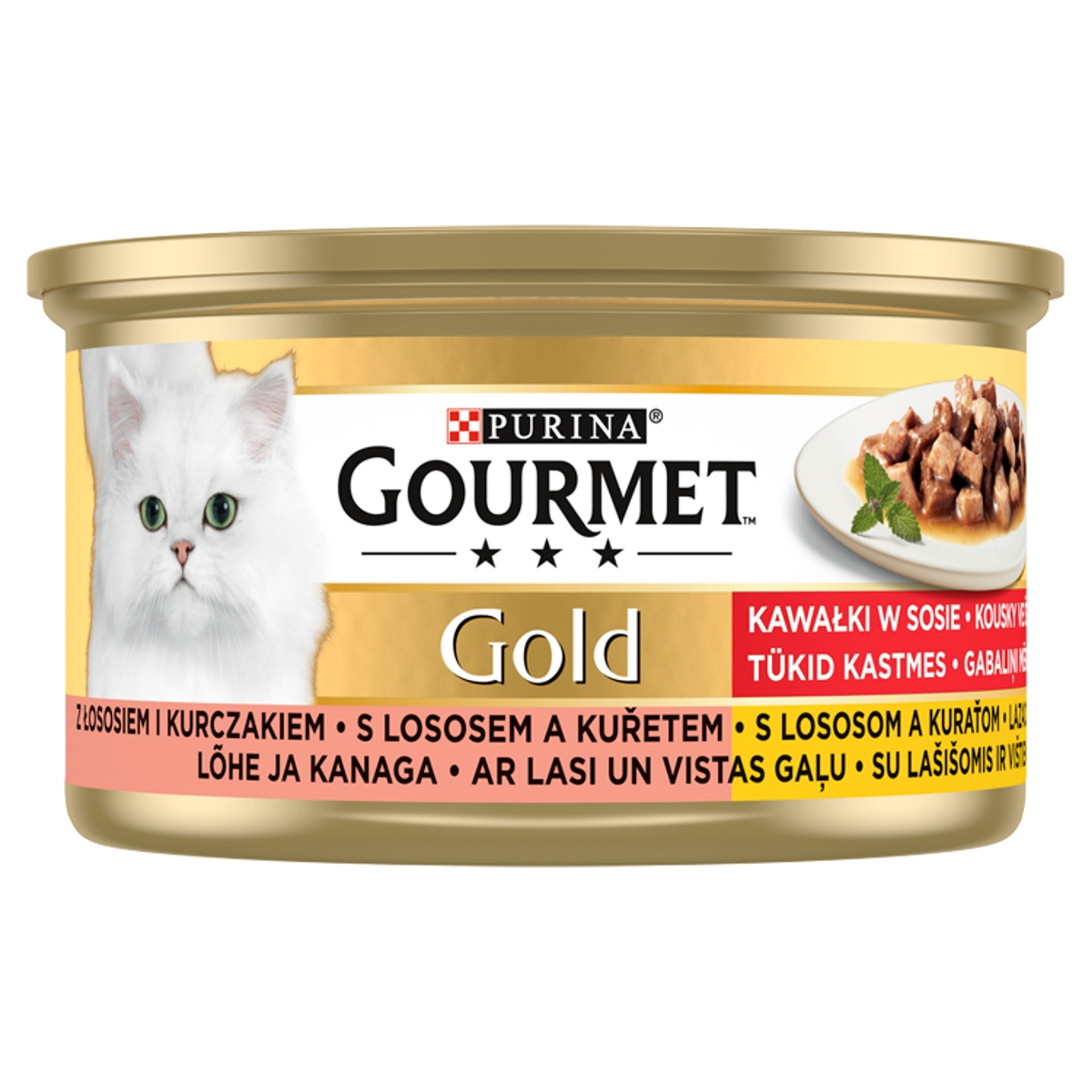 Gourmet Gold felnőtt teljes értékű konzerv macskáknak, lazac és csirke falatok szószban - 85 g