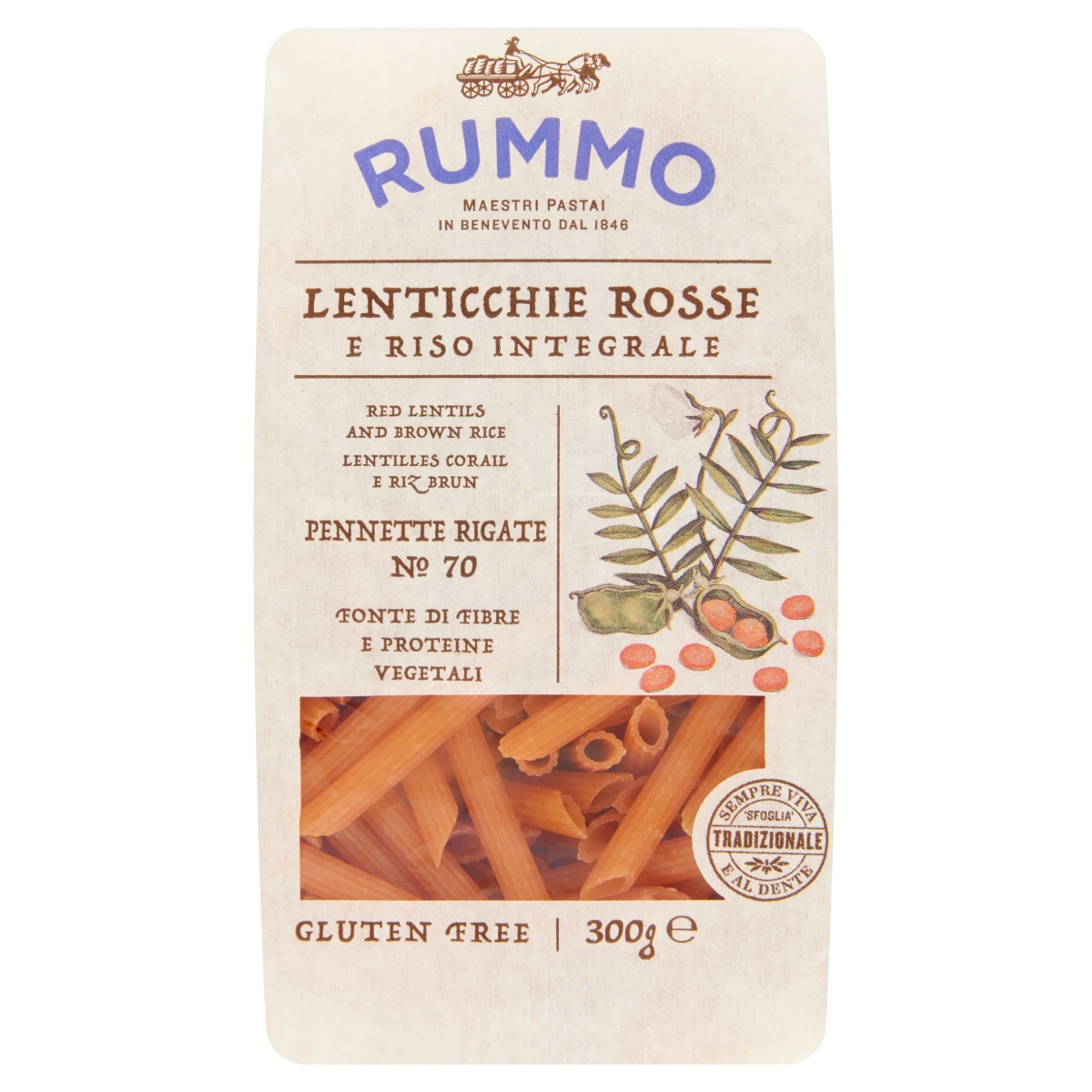 Rummo Penne Rigate tészta, vöröslencséből és barnarizsből - 300 g