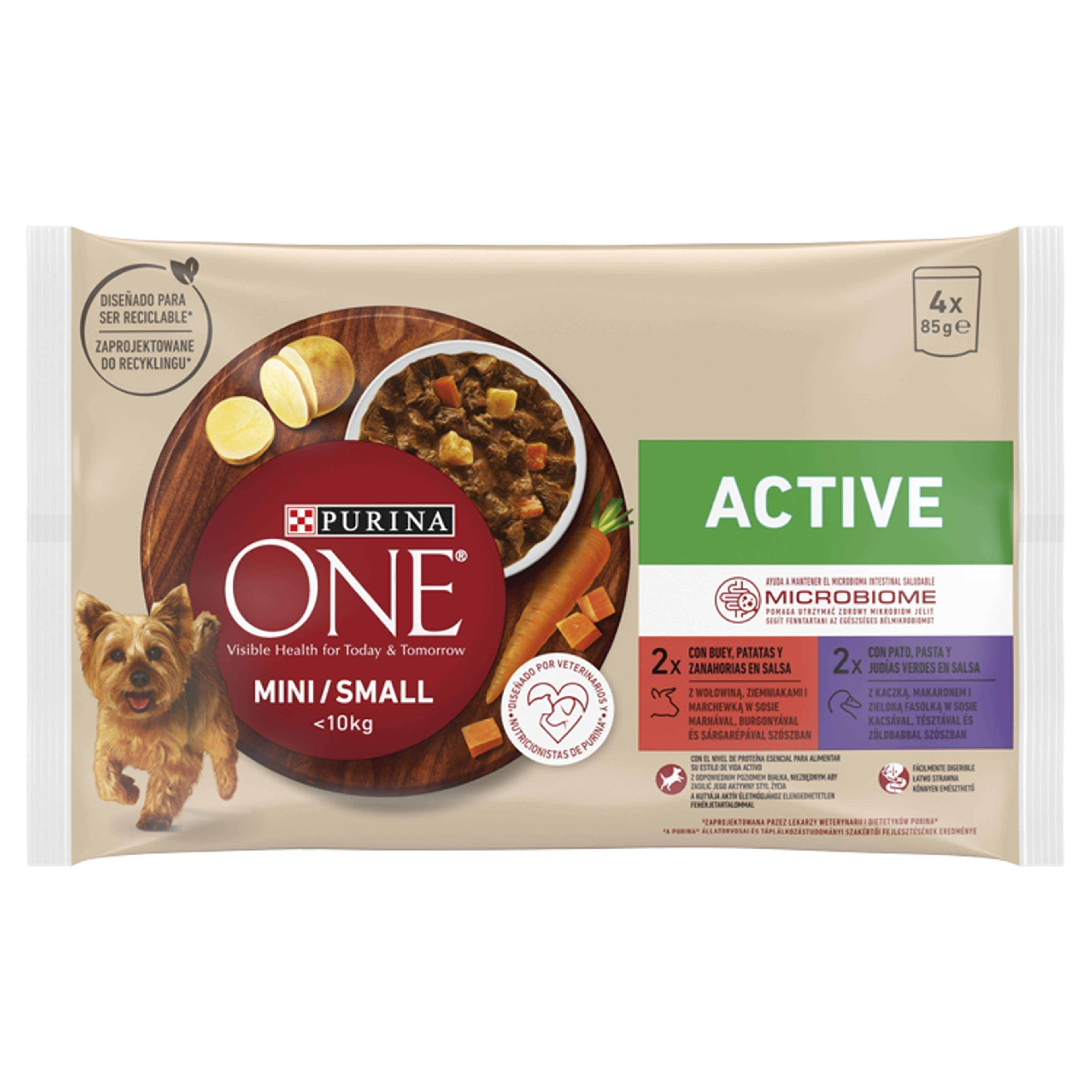 Purina One Mini Active nedves kutyaeledel marhával és kacsával 4x85g - 340 g