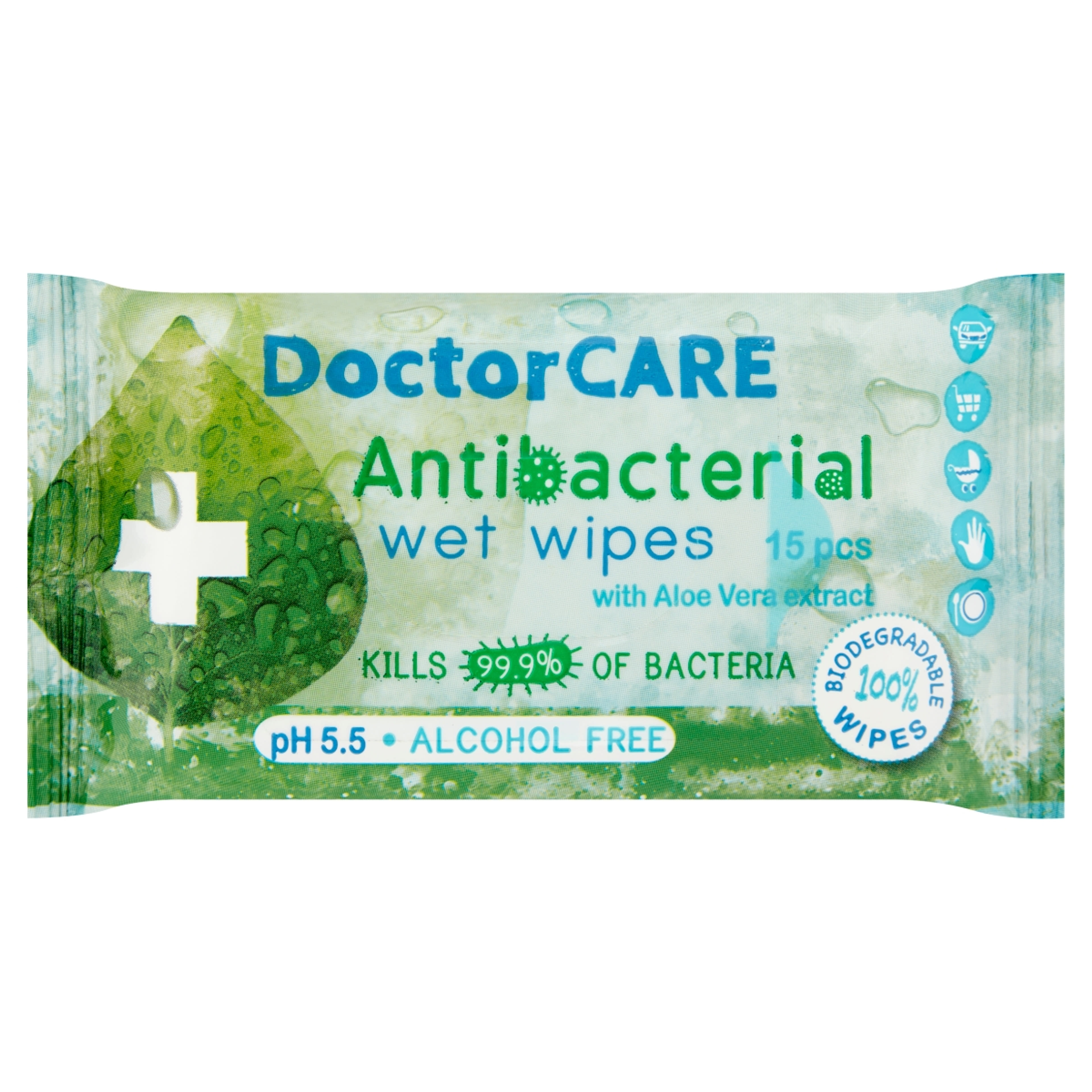 DoctorCare antibakteriális nedves törlőkednő, aloe vera kivonattal - 15 db