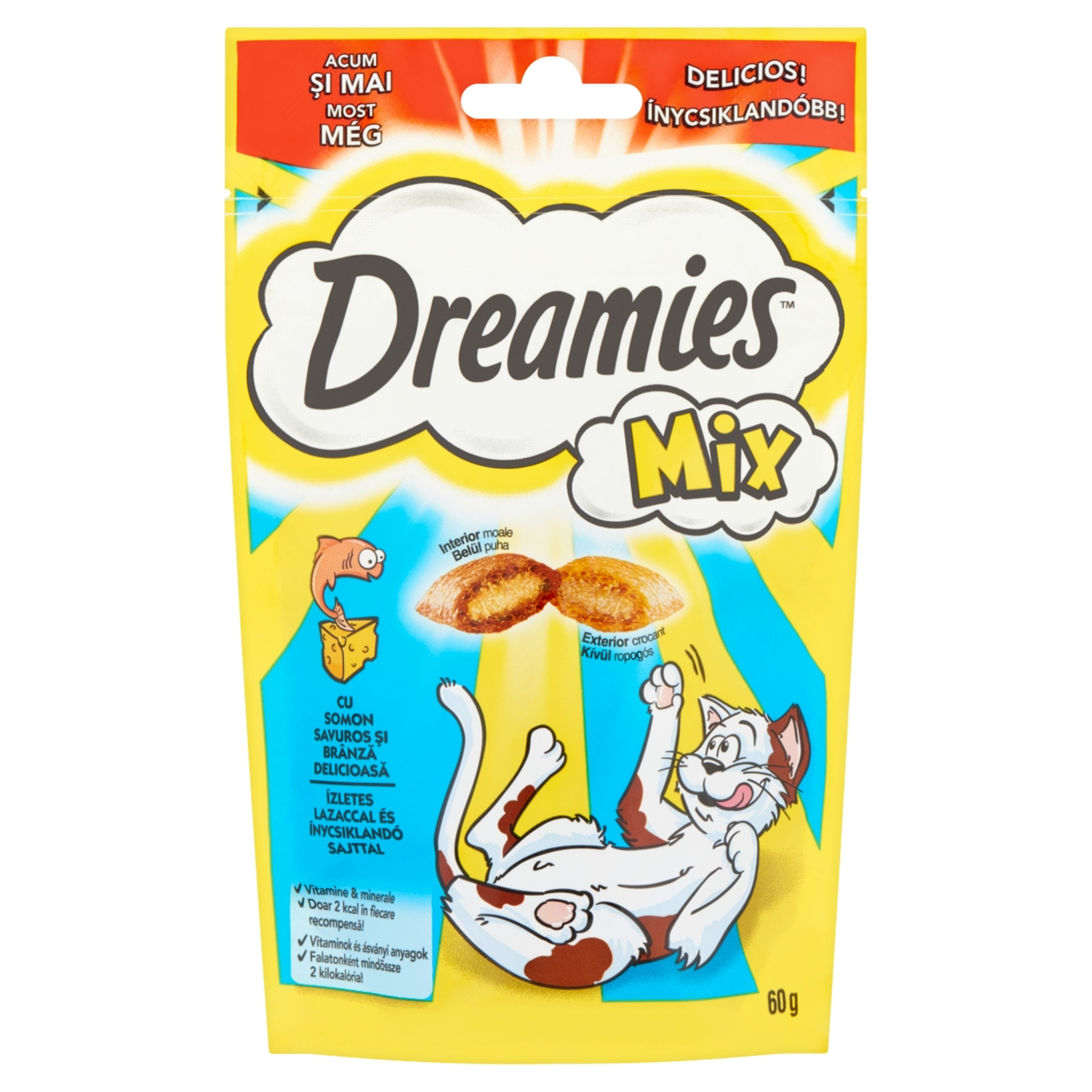 Dreamies Mix felnőtt és junior kiegészítő szárazeledel macskáknak, lazaccal és sajttal - 60 g-1