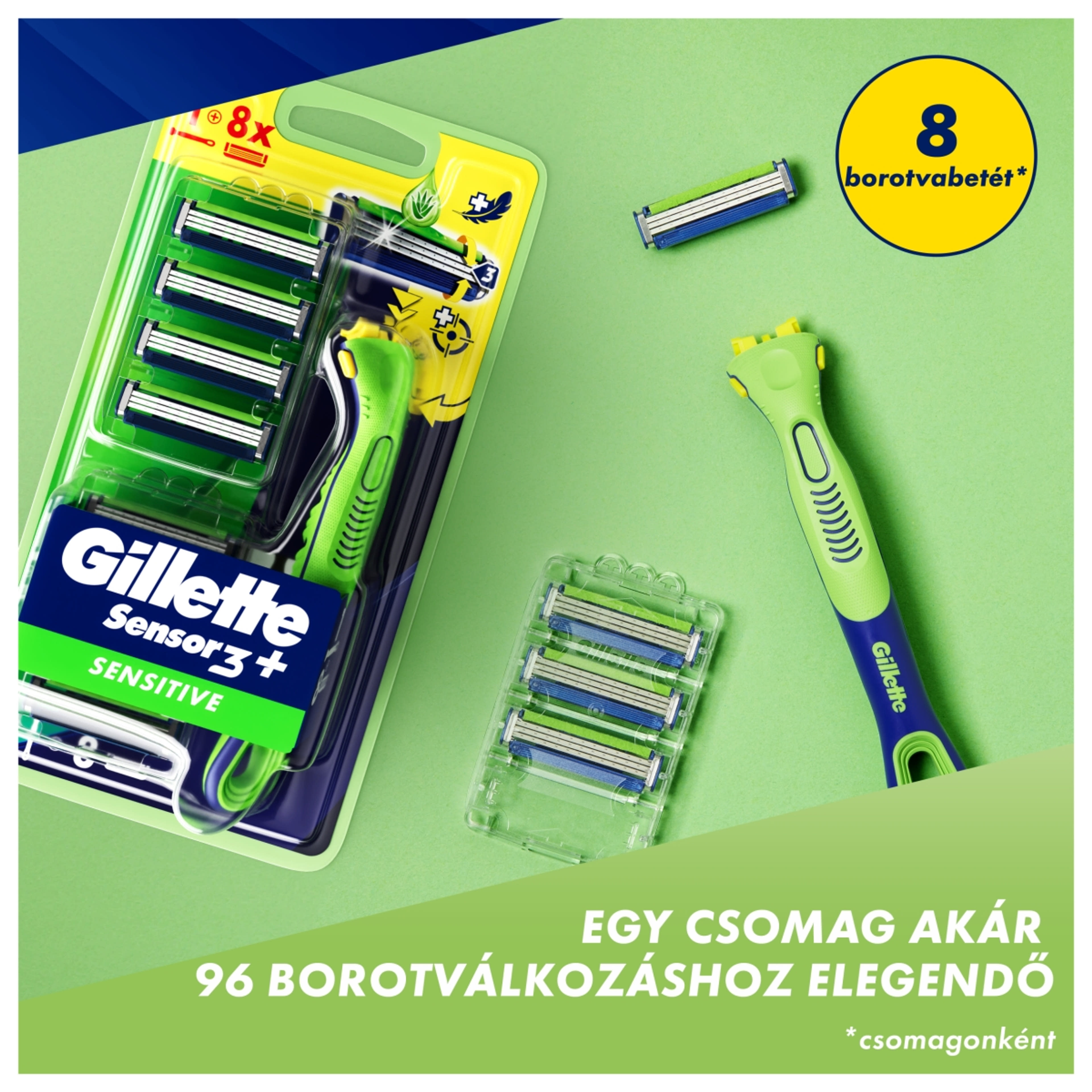Gillette Sensor 3+ érzékeny cserefejű borotva ergonomikus nyéllel és borotvapengével - 8 db-8