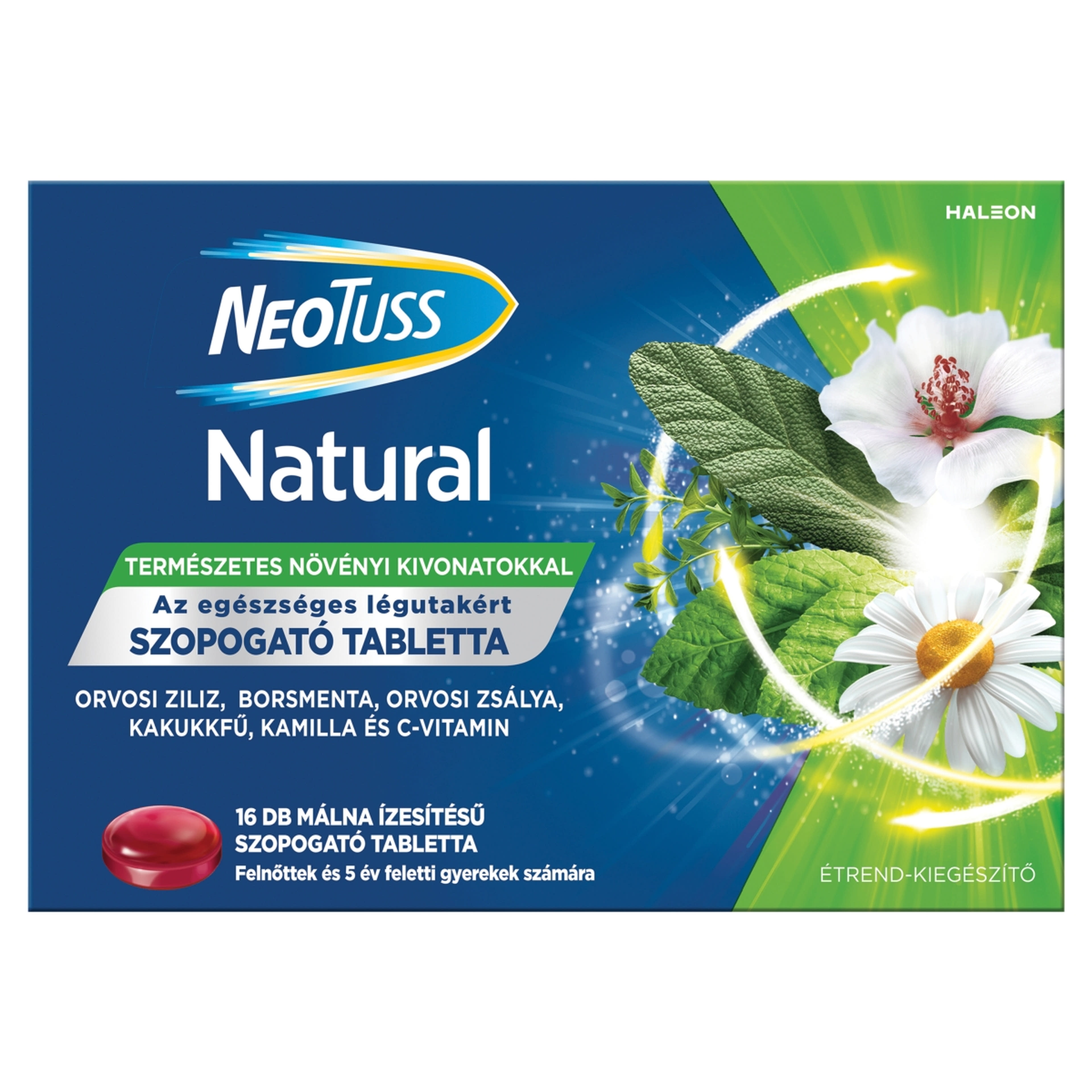 NeoTuss Natural málna ízesítésű szopogató tabletta felnőttek és 5 év feletti gyerekek számára - 16 db-1
