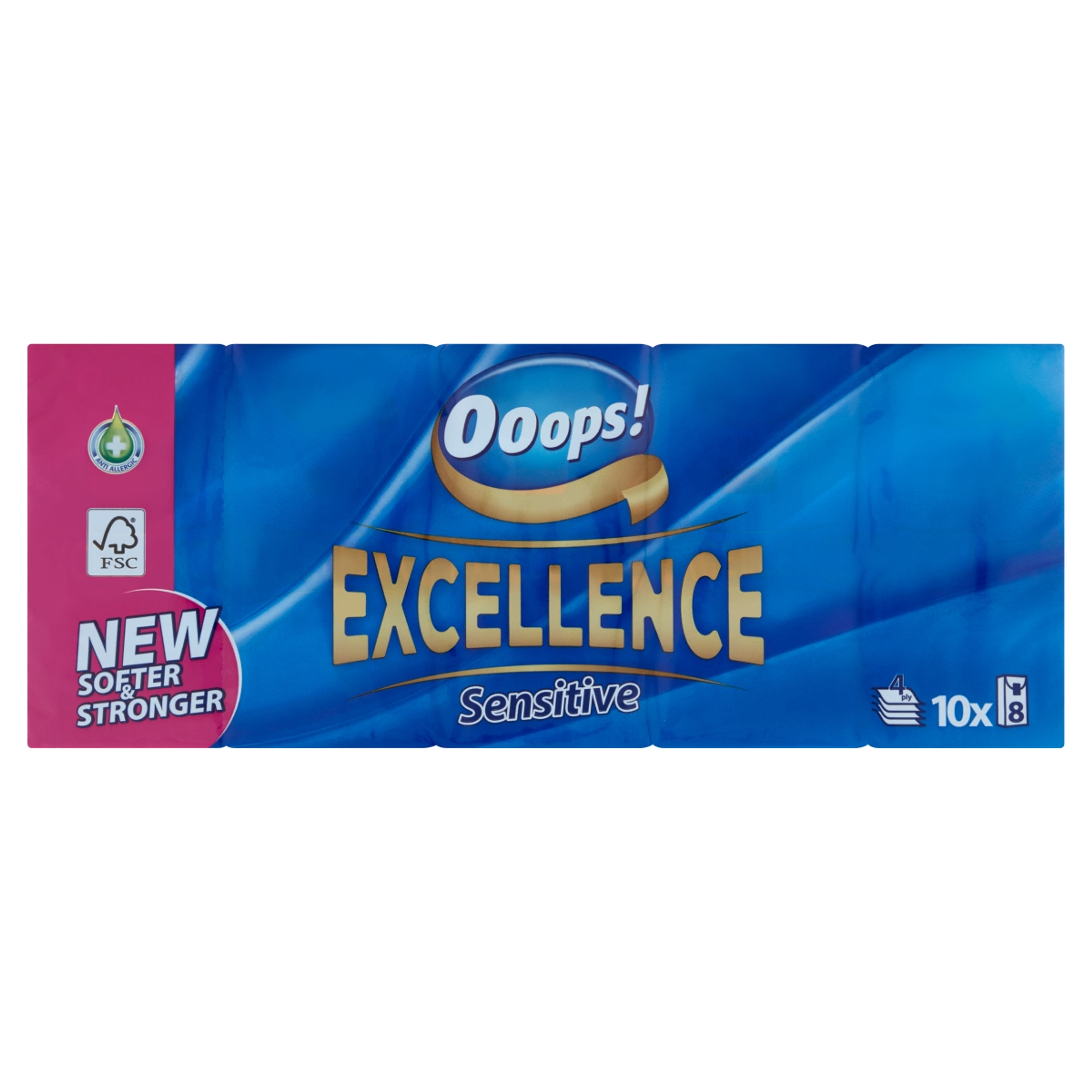 Ooops! Excellence Sensitive papír zsebkendő 4 rétegű 10x8 db - 80 db