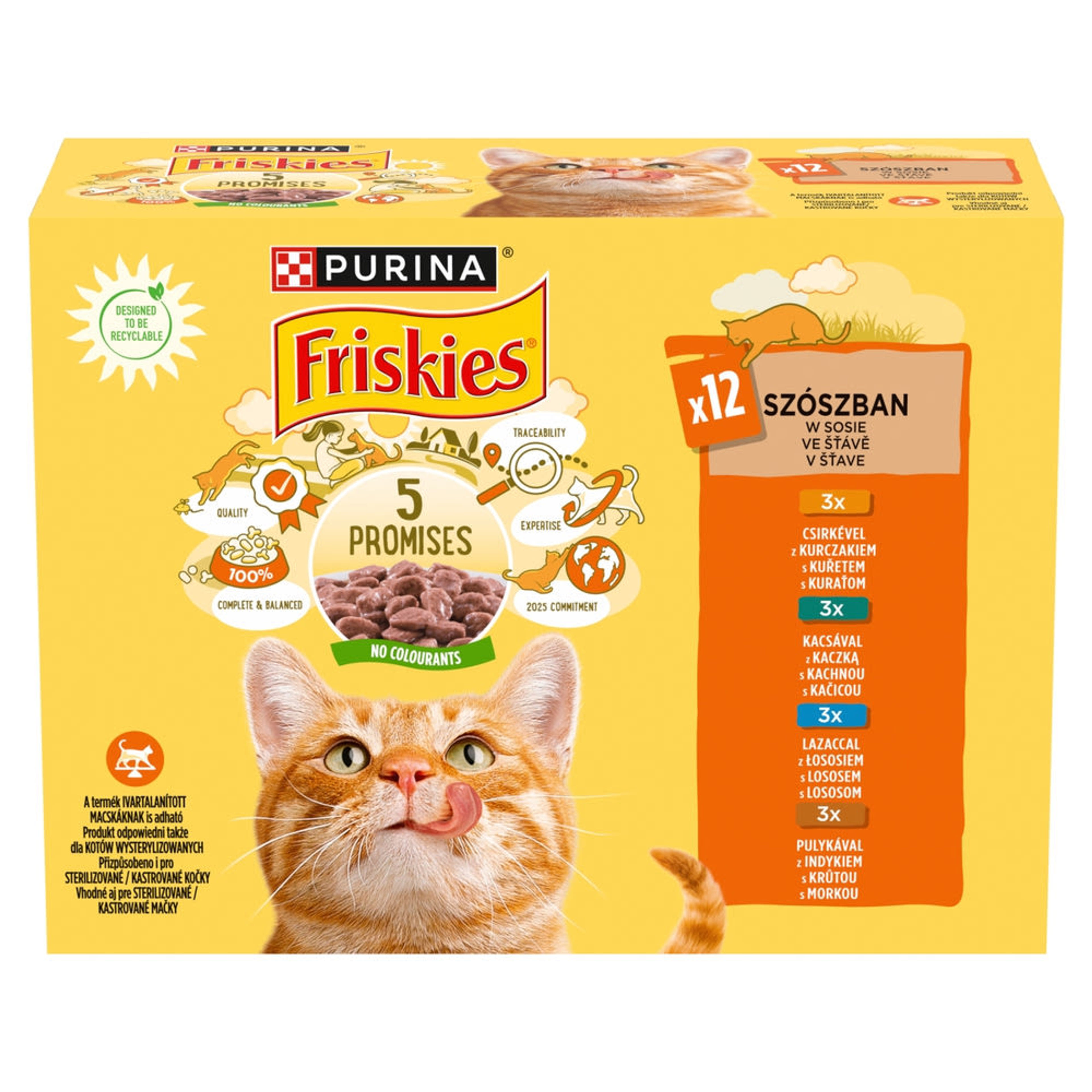 Friskies állateledel macskáknak csirkével, kacsával, lazaccal és pulykával 12x85 g - 1020 g
