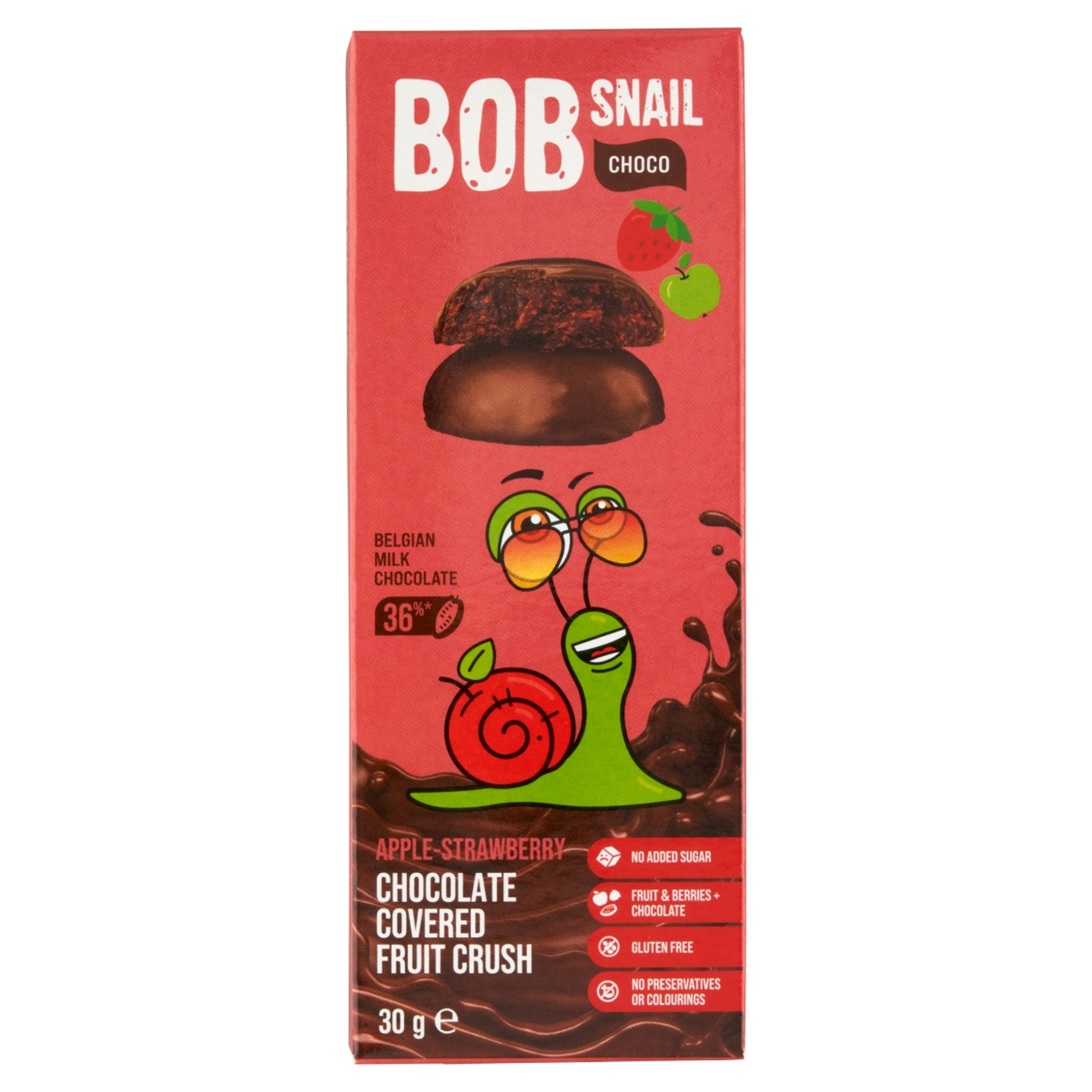Bob Snail gyümölcs snack étcsokoládé, alma, eper - 30 g