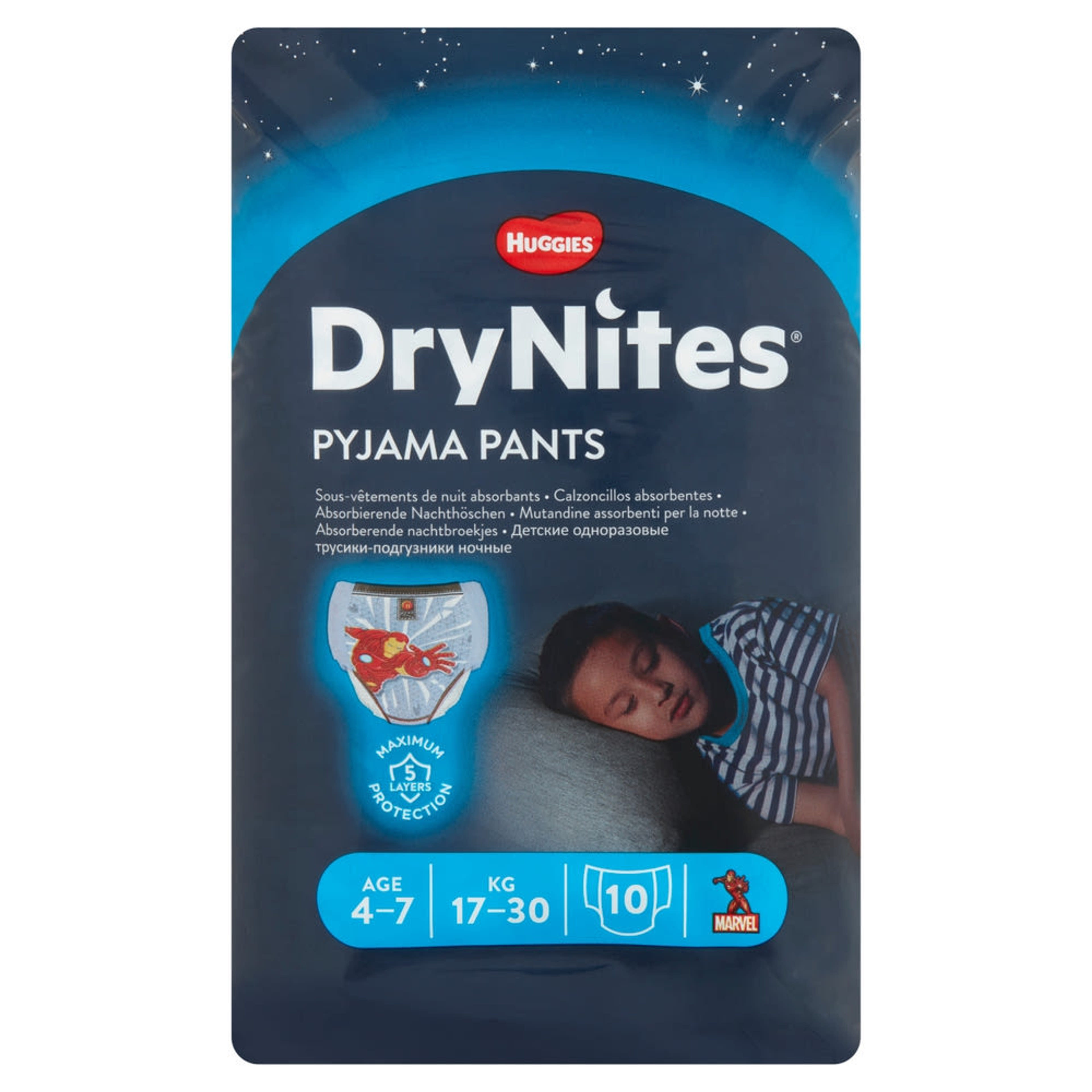 Huggies DryNites éjszakai bugyipelenka fiúknak 4-7 éves korig, 17-30 kg - 10 db