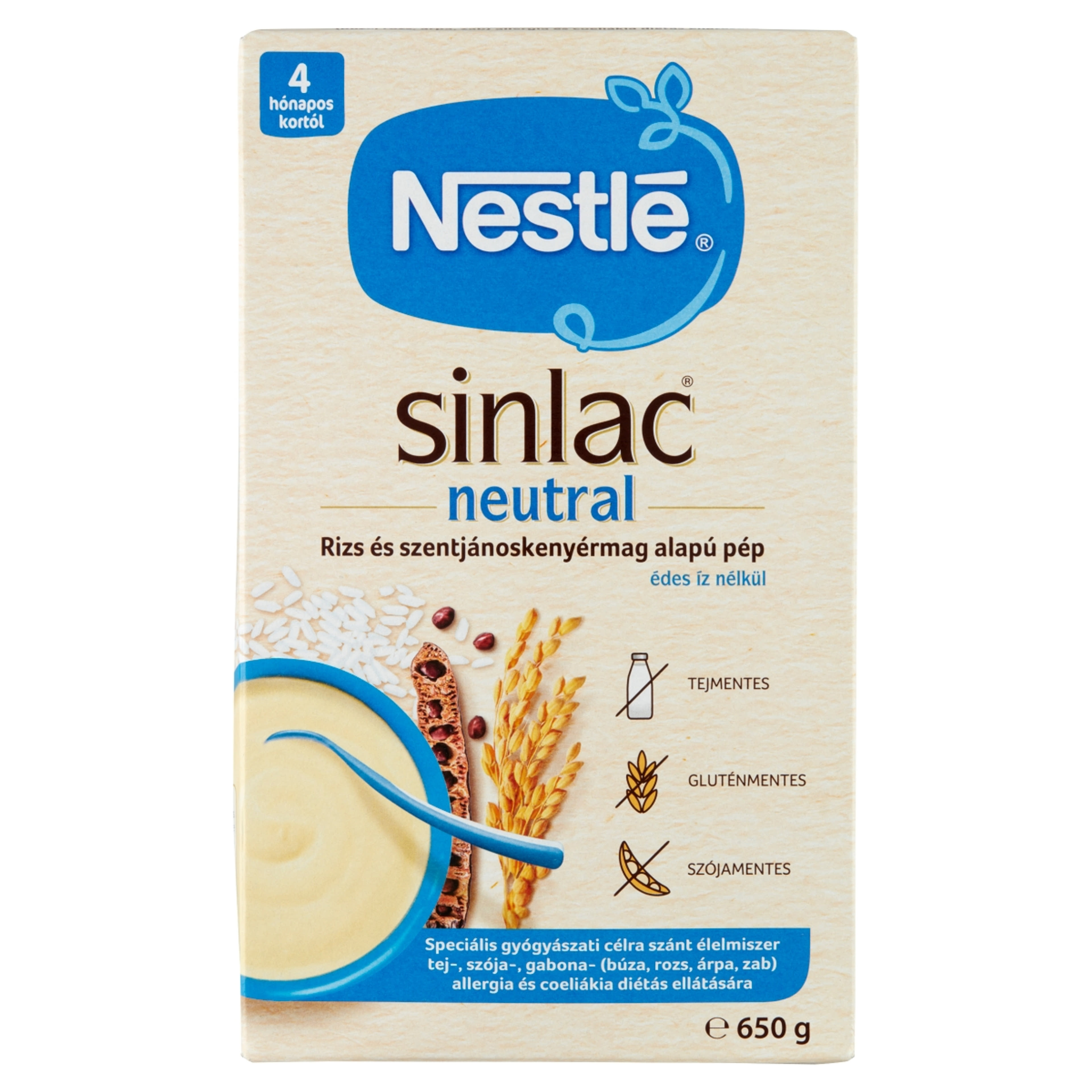 Nestle Sinlac Neutral Rizs-és szentjároskenyérmag alapú pép 4 hónapos kortól - 650g