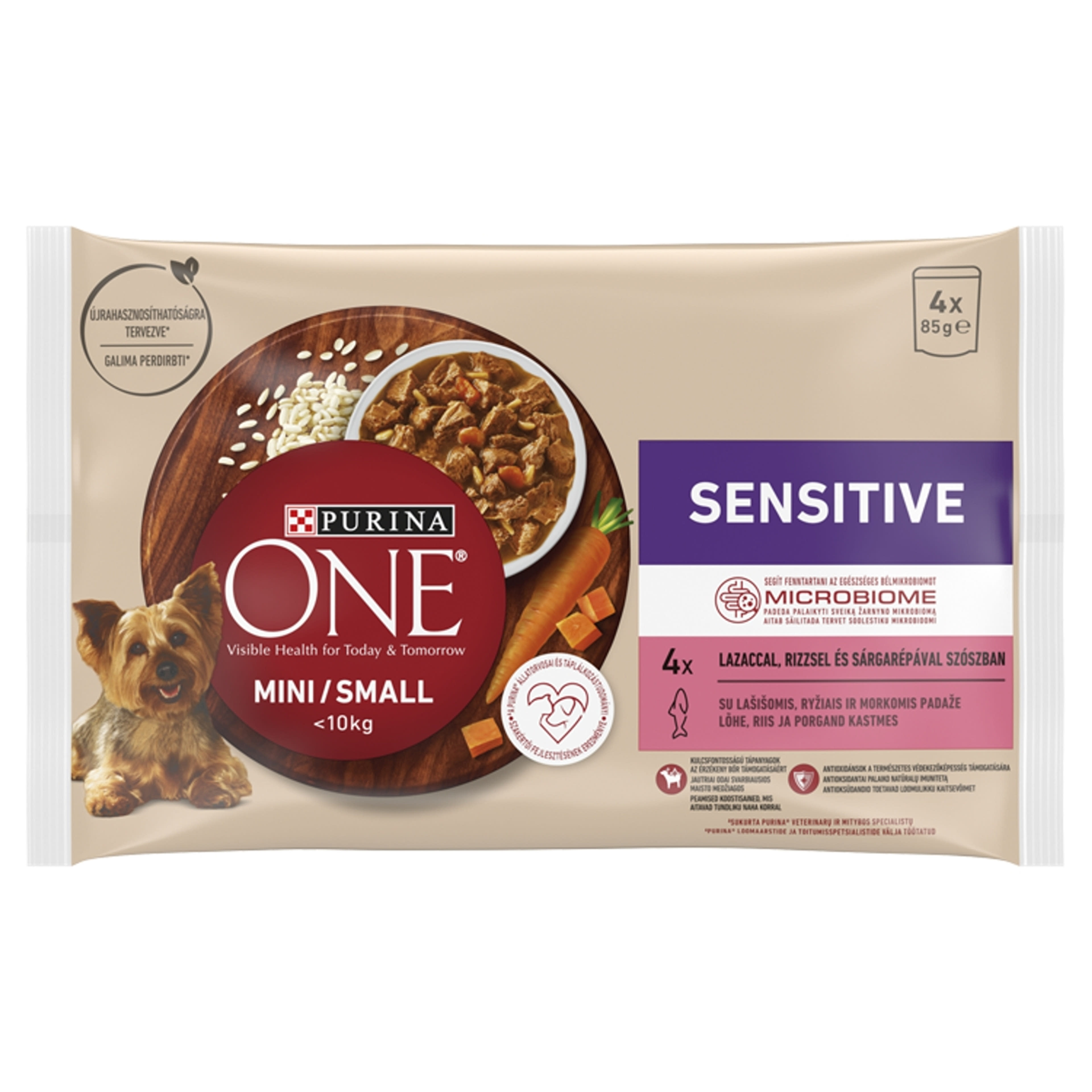 Purina One Mini Sensitive/Delicate nedves kutyaeledel lazaccal 4x85g - 340 g