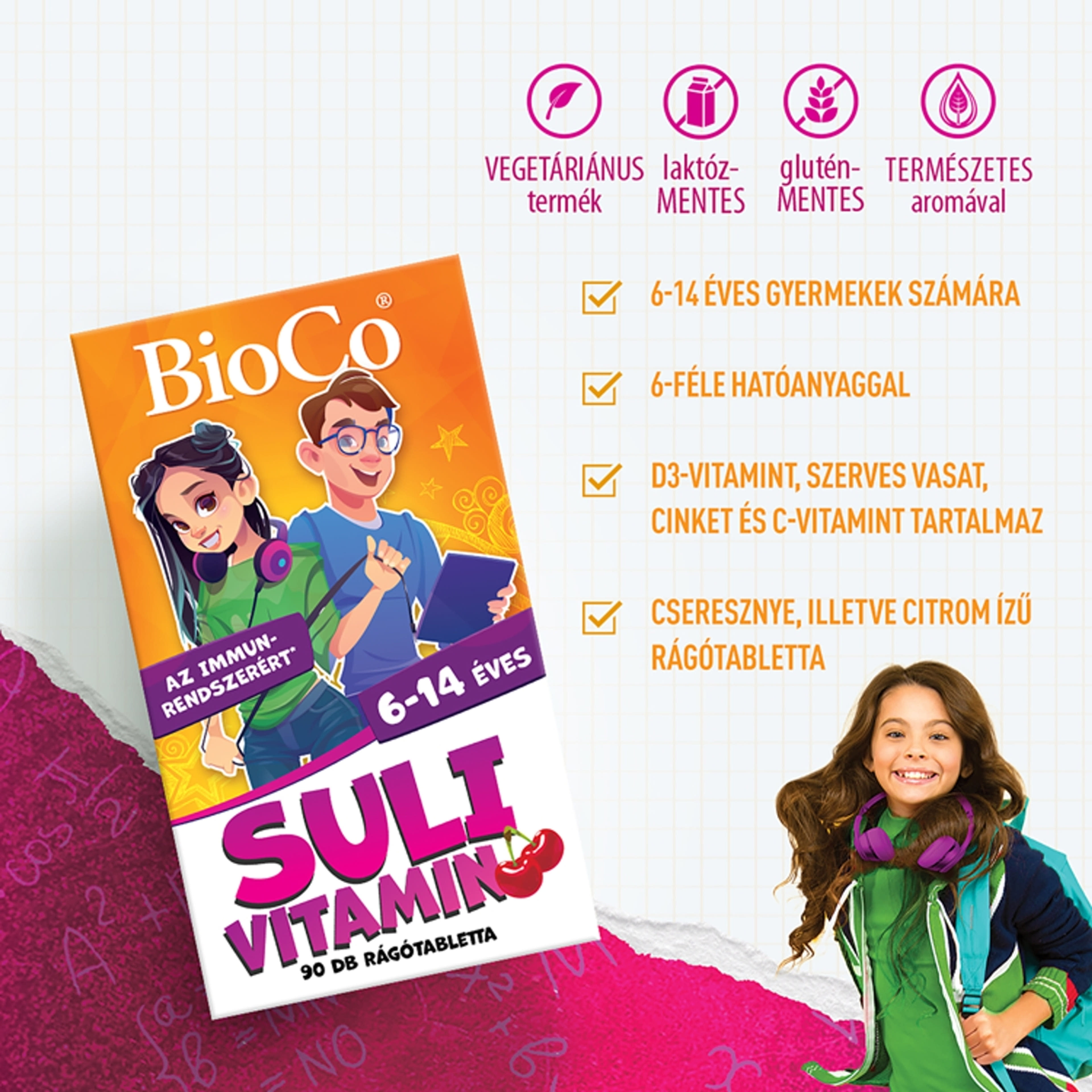 BioCo Suli vitamin étrend-kiegészítő rágótabletta cseresznye ízű 6-14 éveseknek - 90 db-3