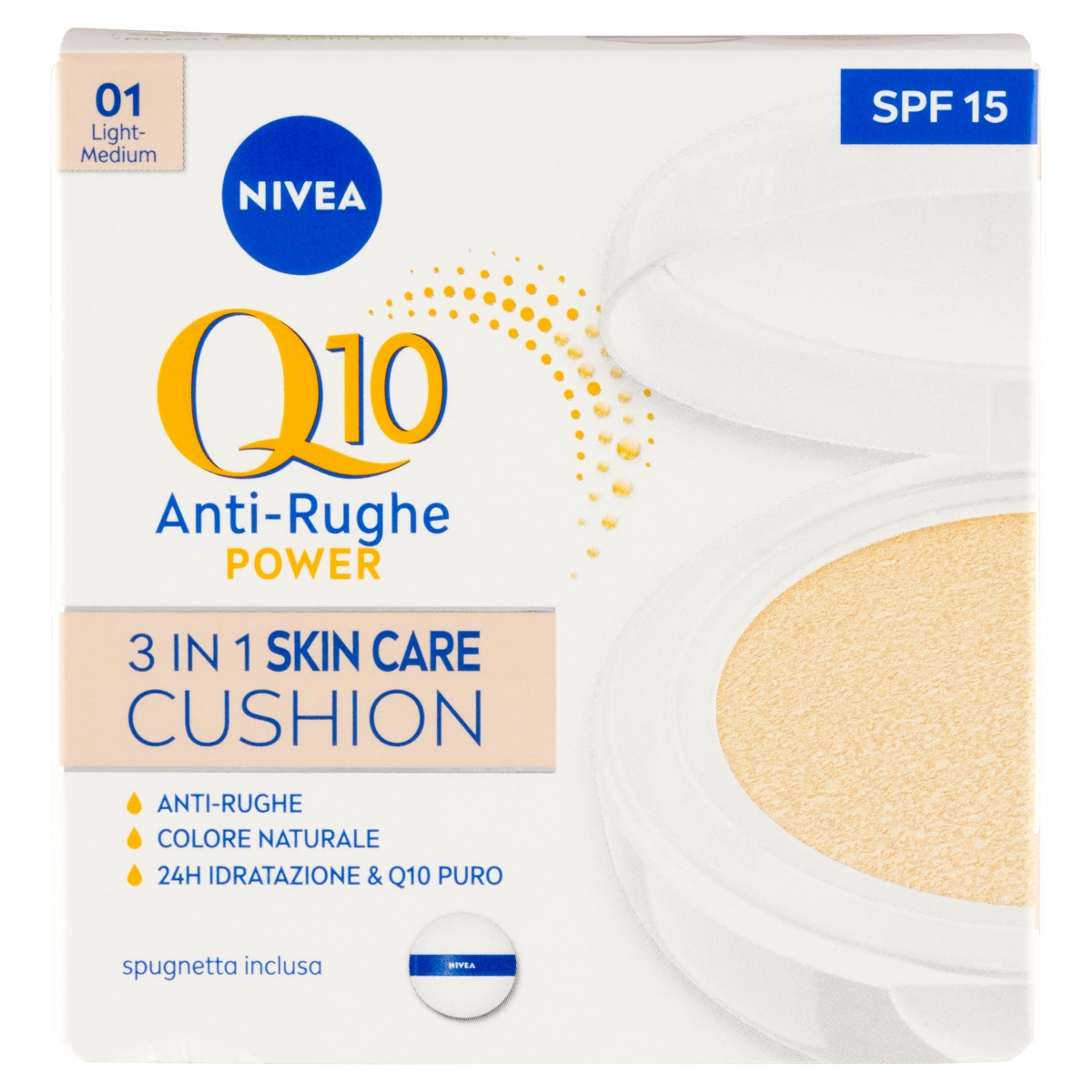 Nivea Q10 Anti-Rughe Power Cushion 3 az 1-ben színezett bőrápoló világos árnyalat - 15 g