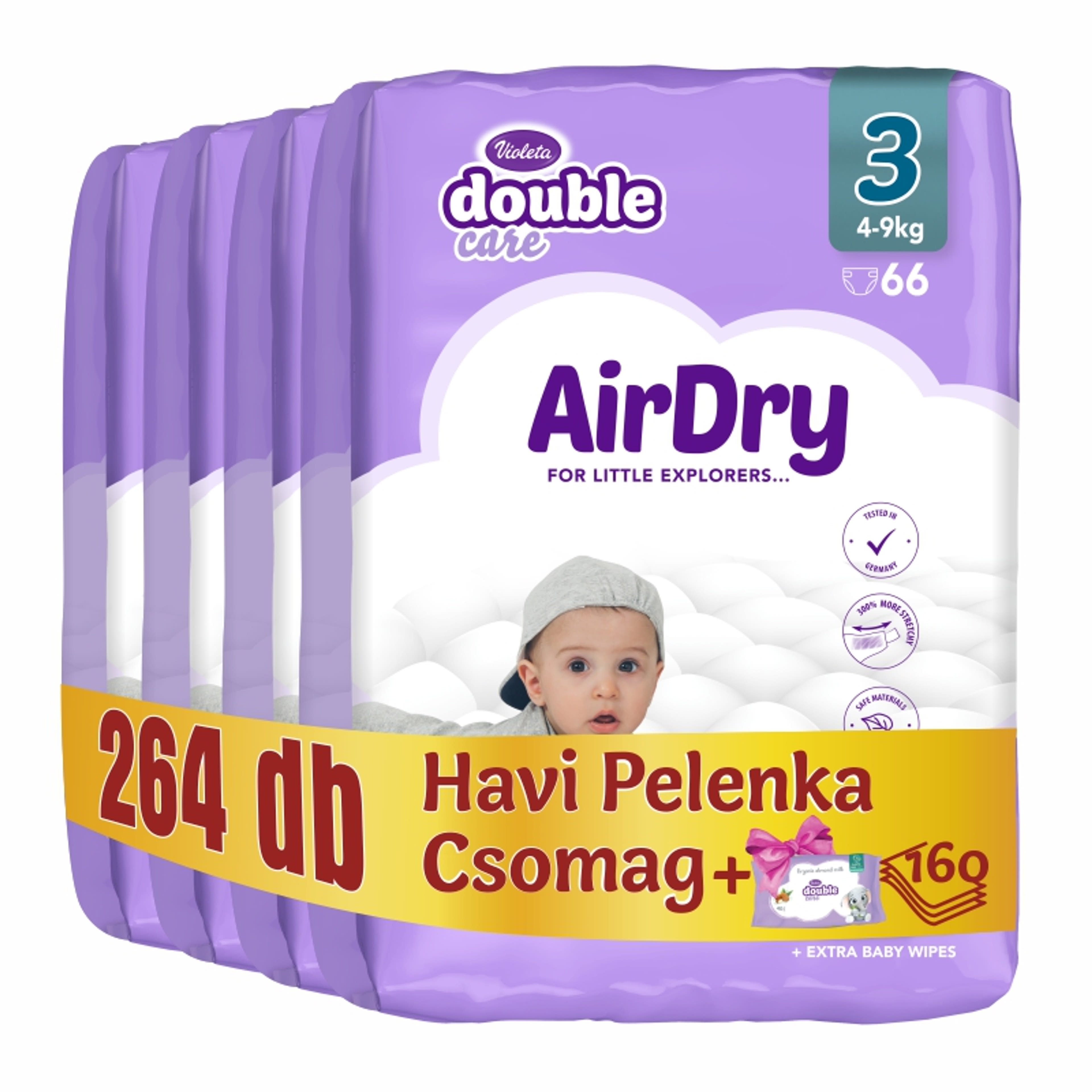 Violeta Double Care Air Dry 3-as méret 4-9 kg nadrágpelenka csomag törlőkendővel-1