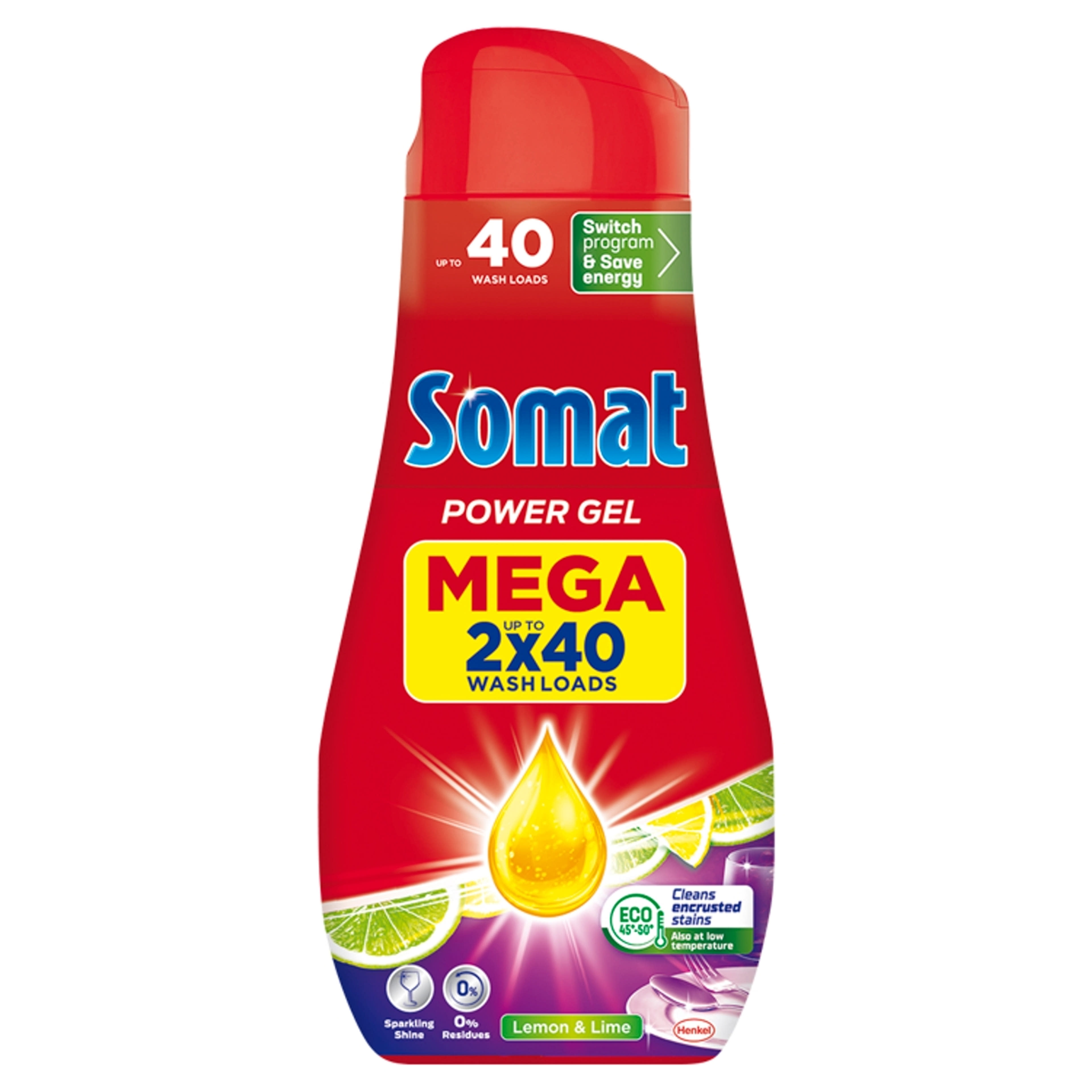 Somat All in 1 Power Gel Lemon & Lime gépi mosogatószer gél 80 mosogatás 2 x 720 ml - 1440 ml