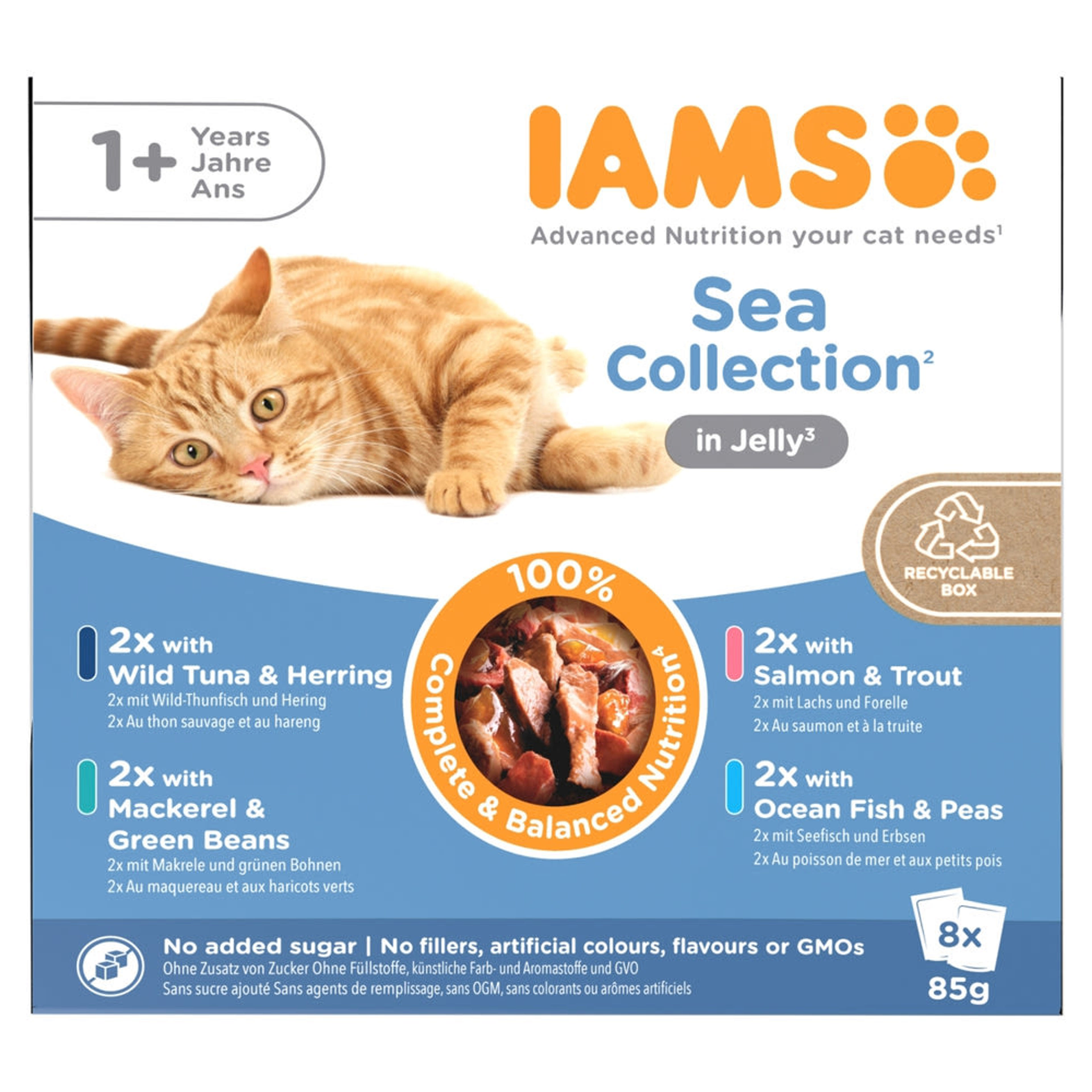 IAMS Advanced Nutrition állateledel macskáknak halas válogatás 8x85 g - 680 g
