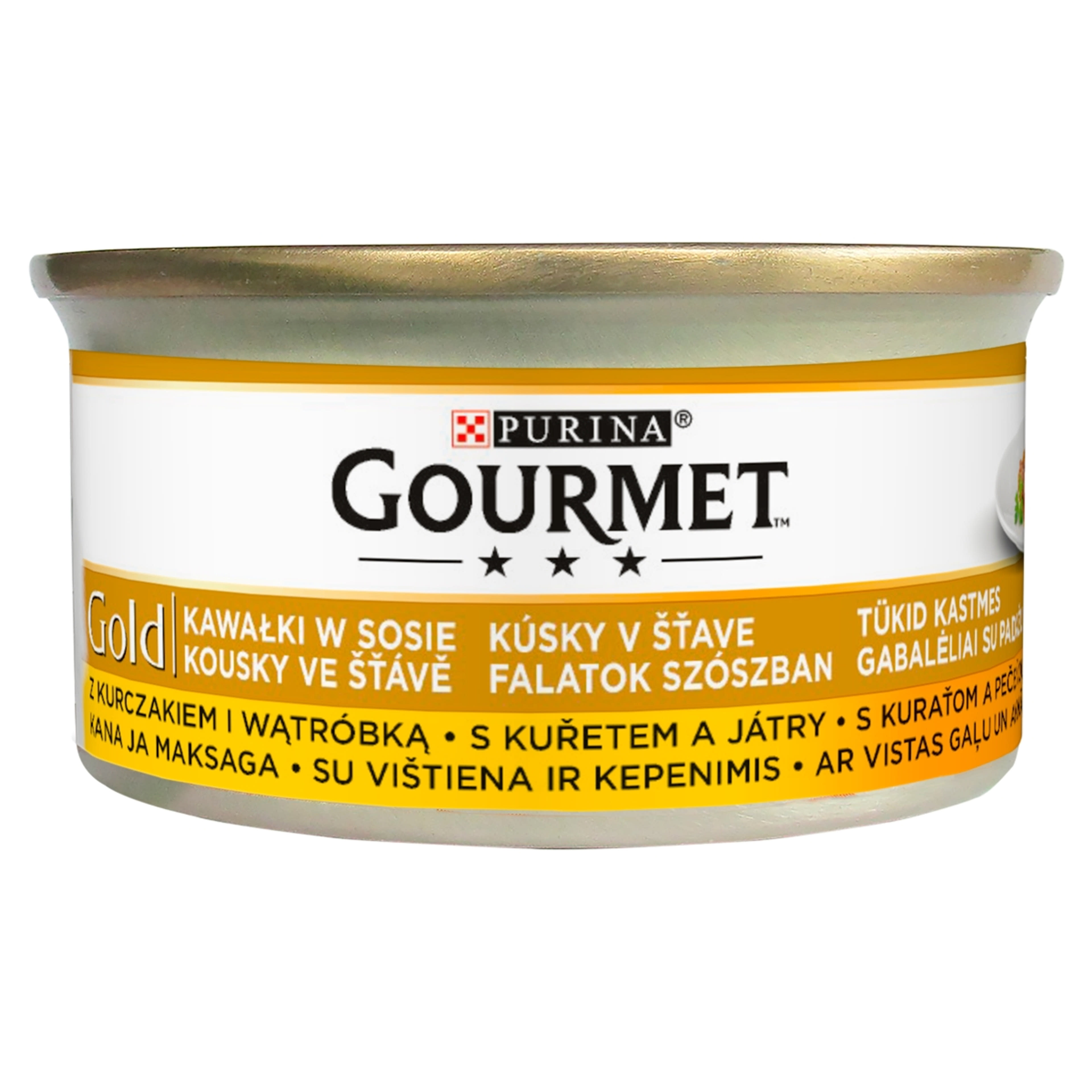 Gourmet Gold felnőtt teljes értékű konzerv macskáknak, csirke-máj falatok szószban - 85 g