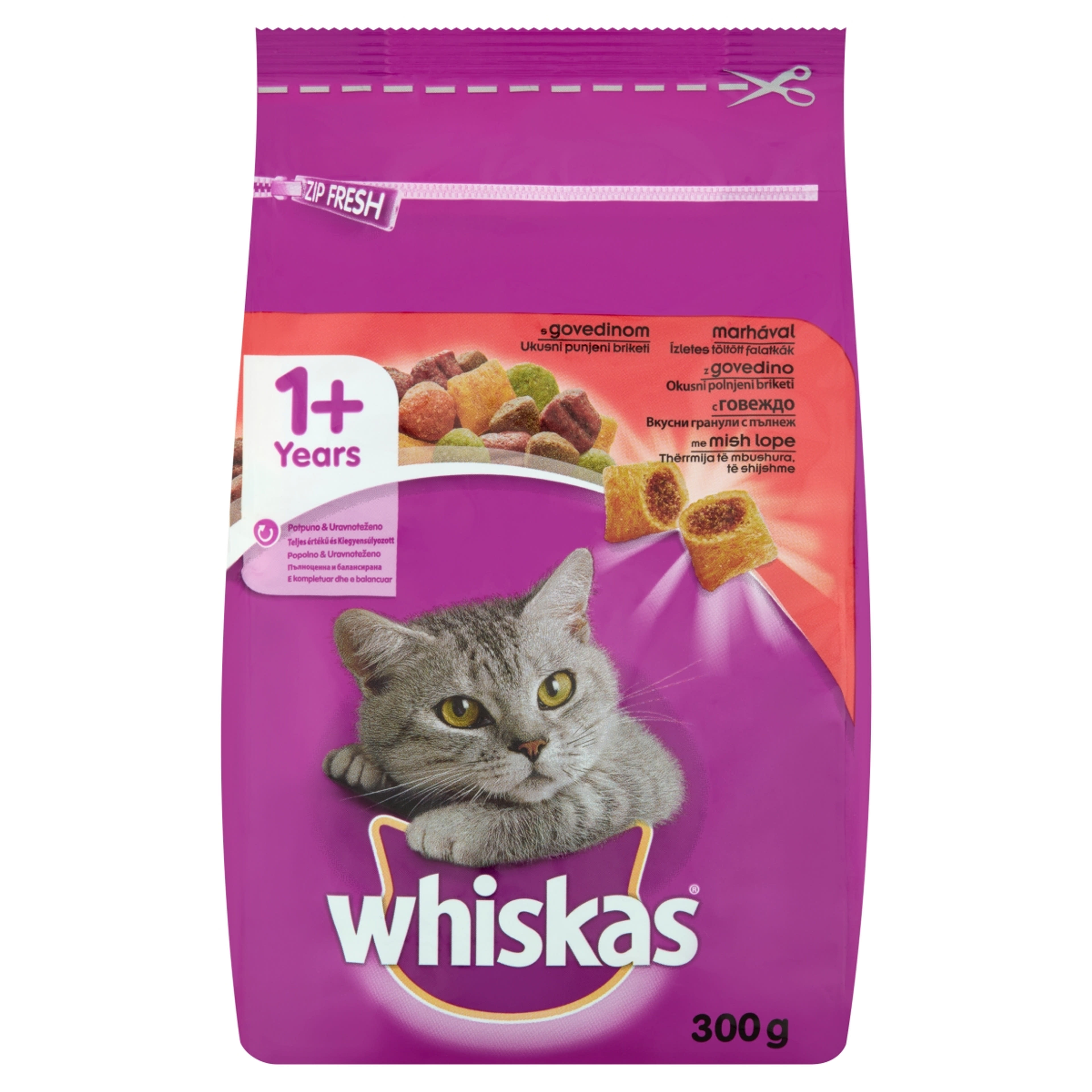 Whiskas felnőtt teljes értékű szárazeledel macskáknak, marhahússal és májas falatkákkal - 300 g-1