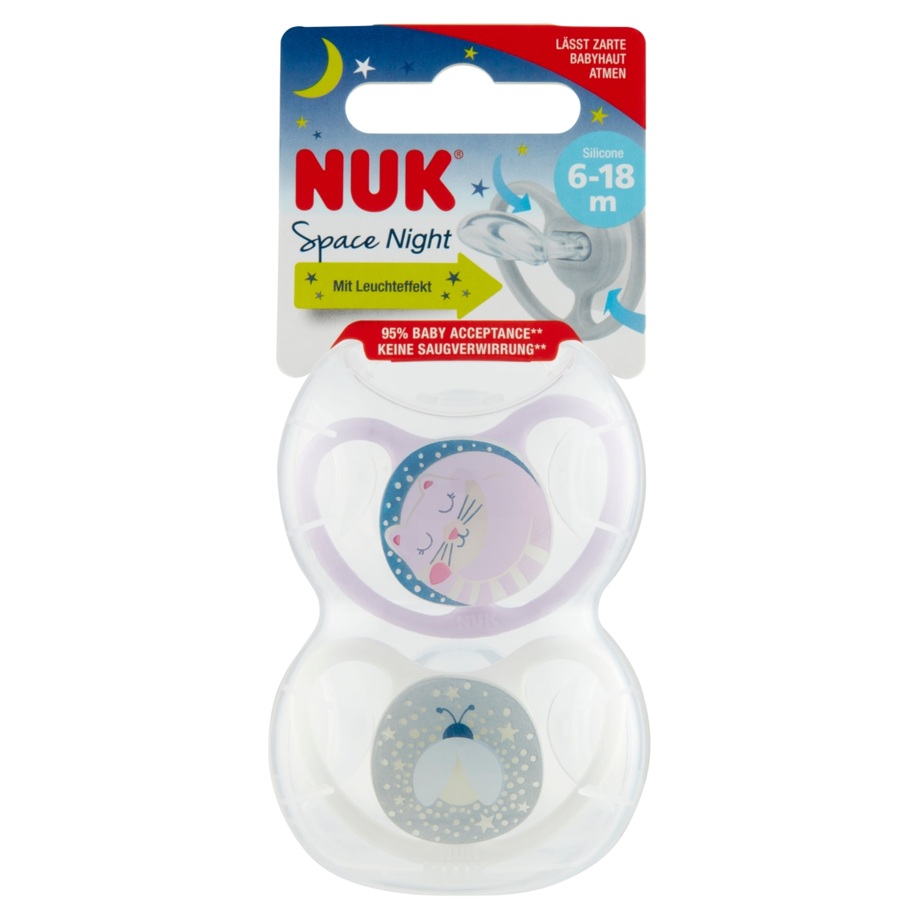 Nuk Space Night szilikon altatócumi, 6-18 hónapos korig, lány - 2 db