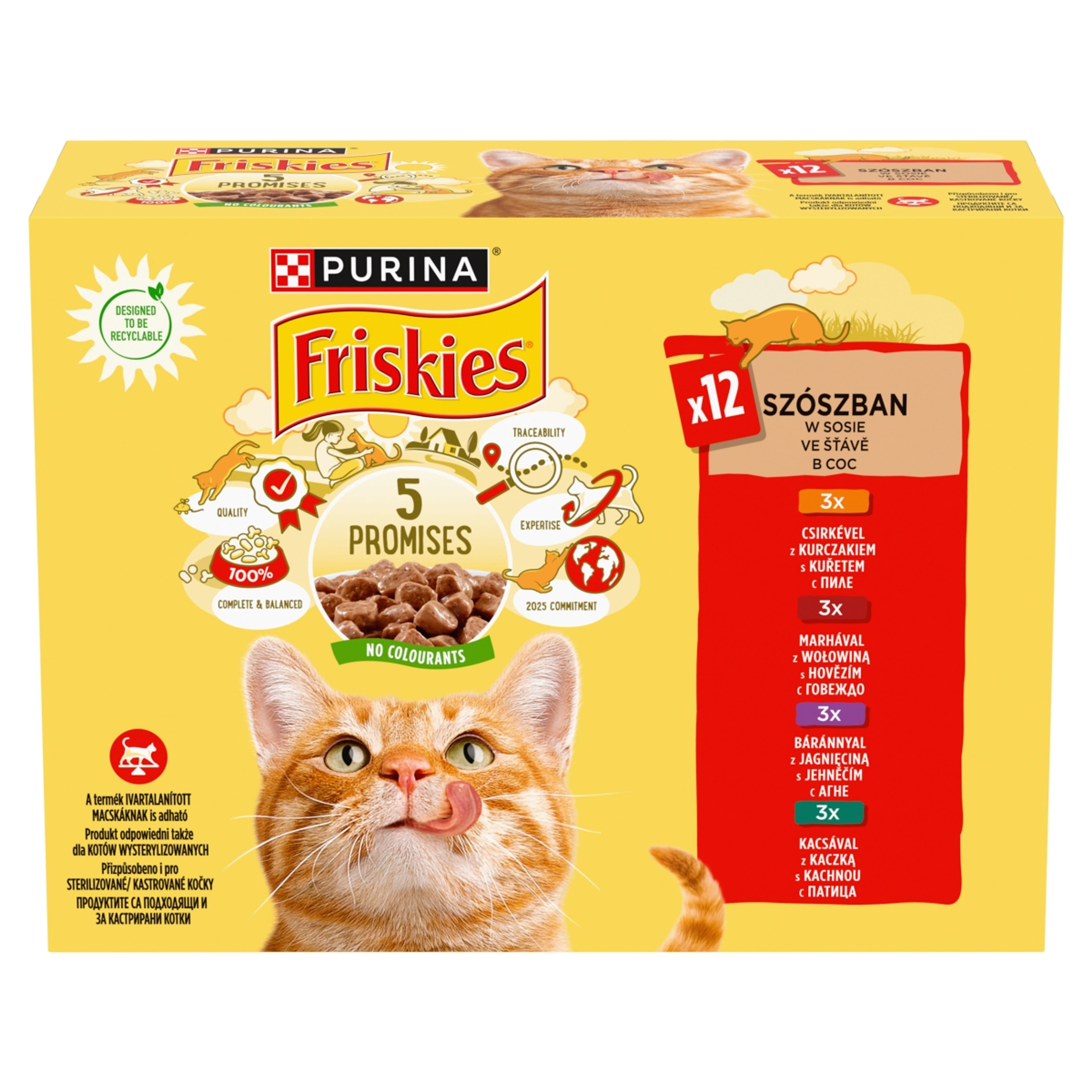 Friskies alutasak macskáknak, marha, bárány, kacsa 12x 85 g - 1020 g