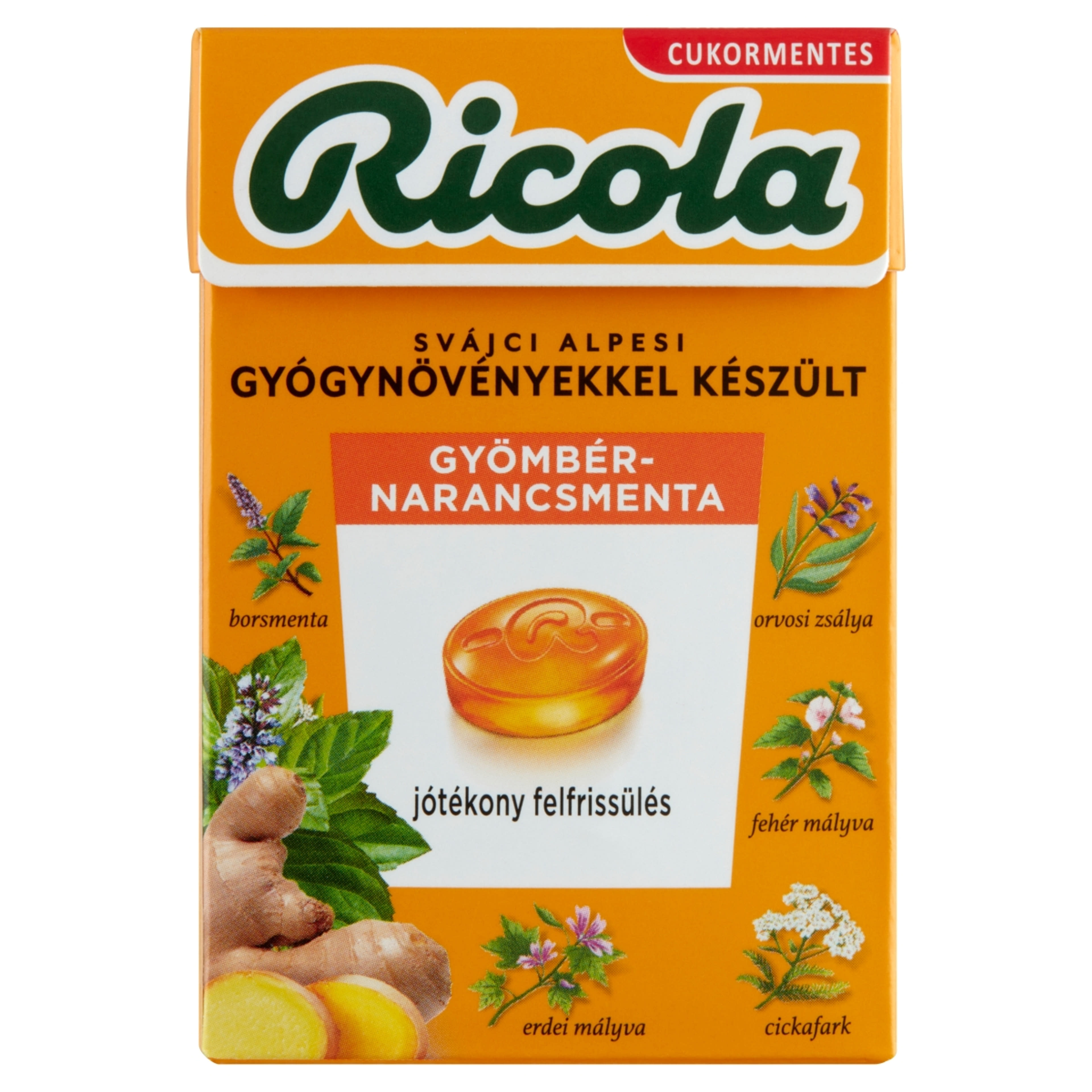 Ricola svájci alpesi cukormentes gyömbér-narancsmenta cukorkák - 40 g