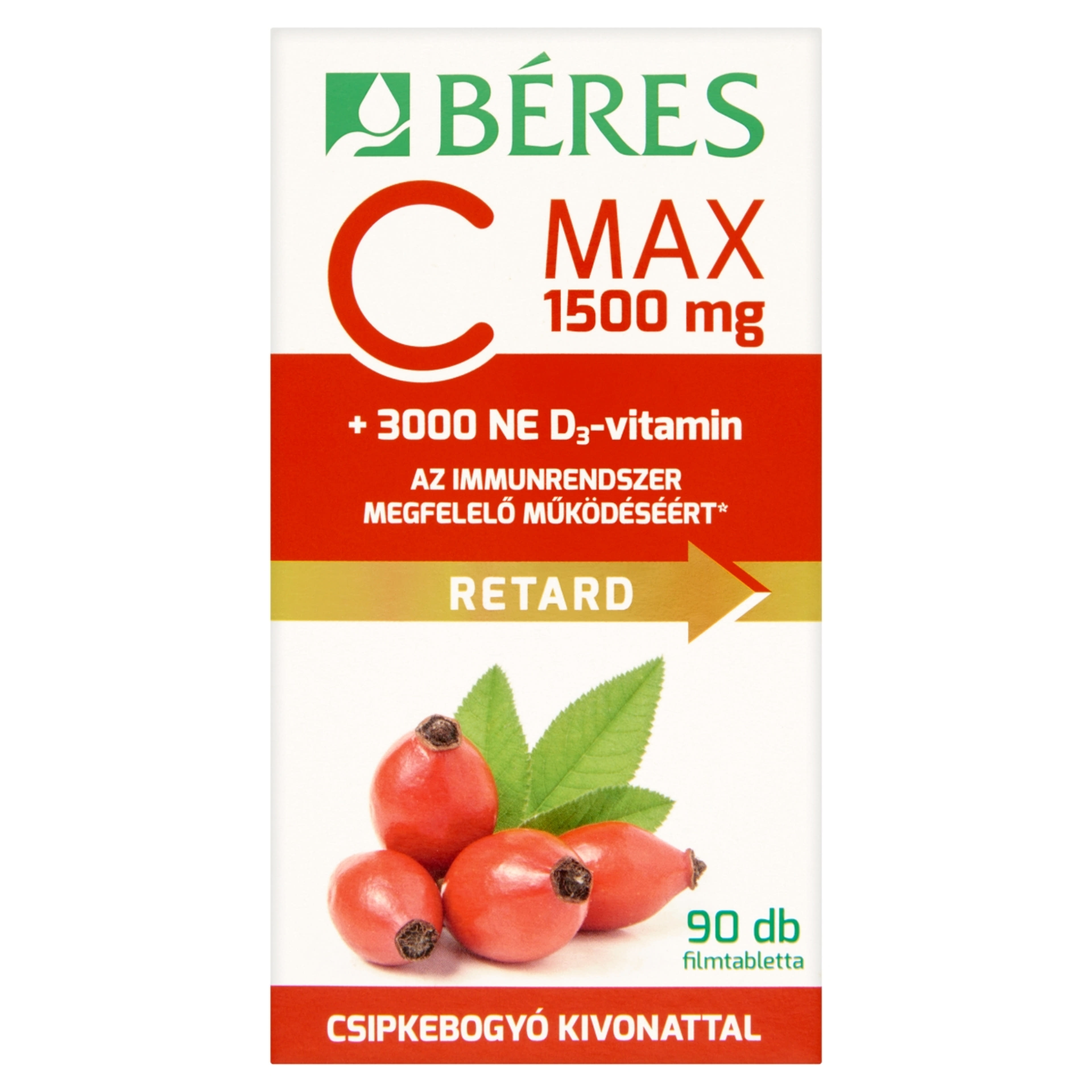 Béres C MAX 1500 mg RETARD csipkebogyó kivonattal + 3000 NE D₃-vitamin filmtabletta - 90 db