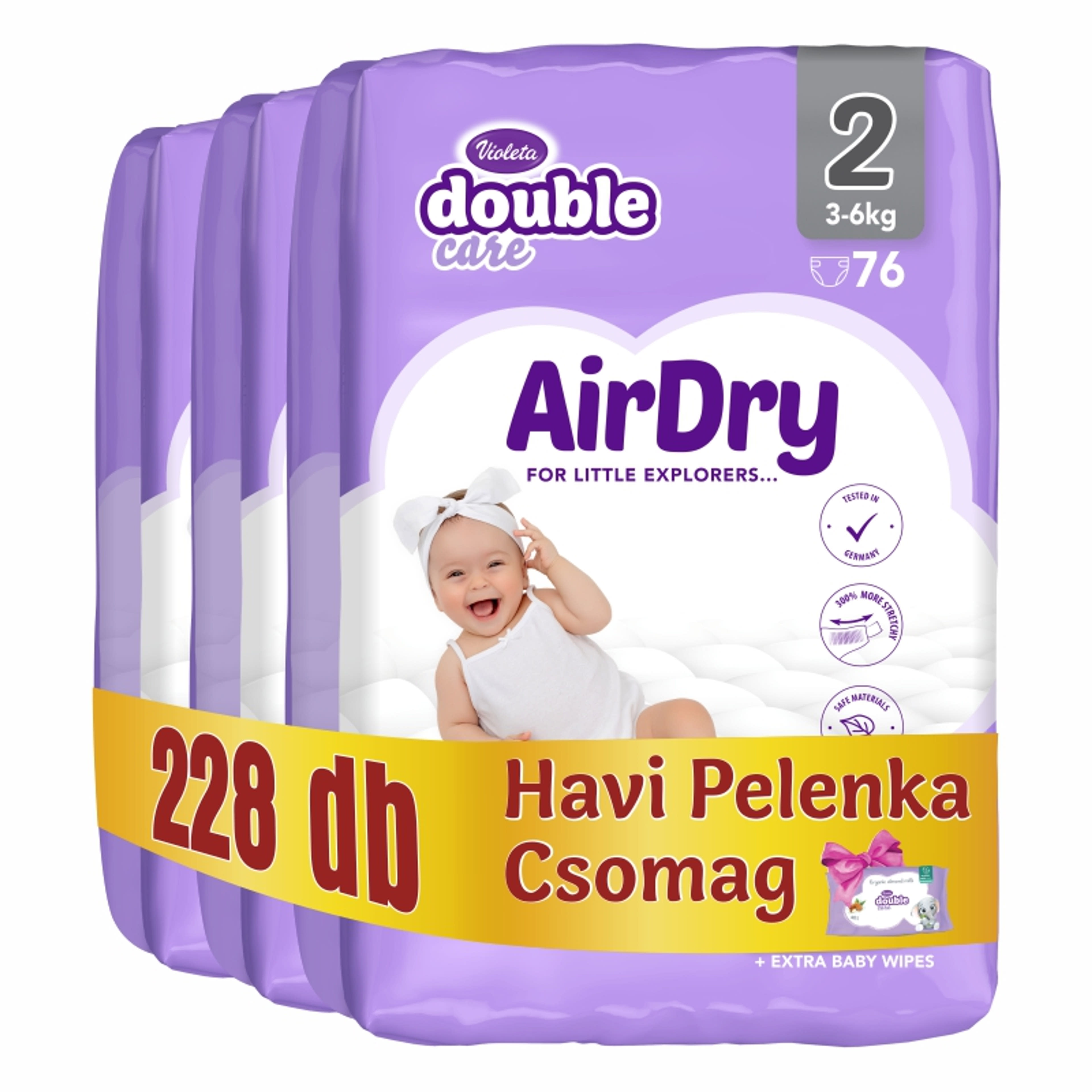 Violeta Double Care Air Dry nadrágpelenka törlőkendővel 2-es méret 3-6 kg - 228 db-1