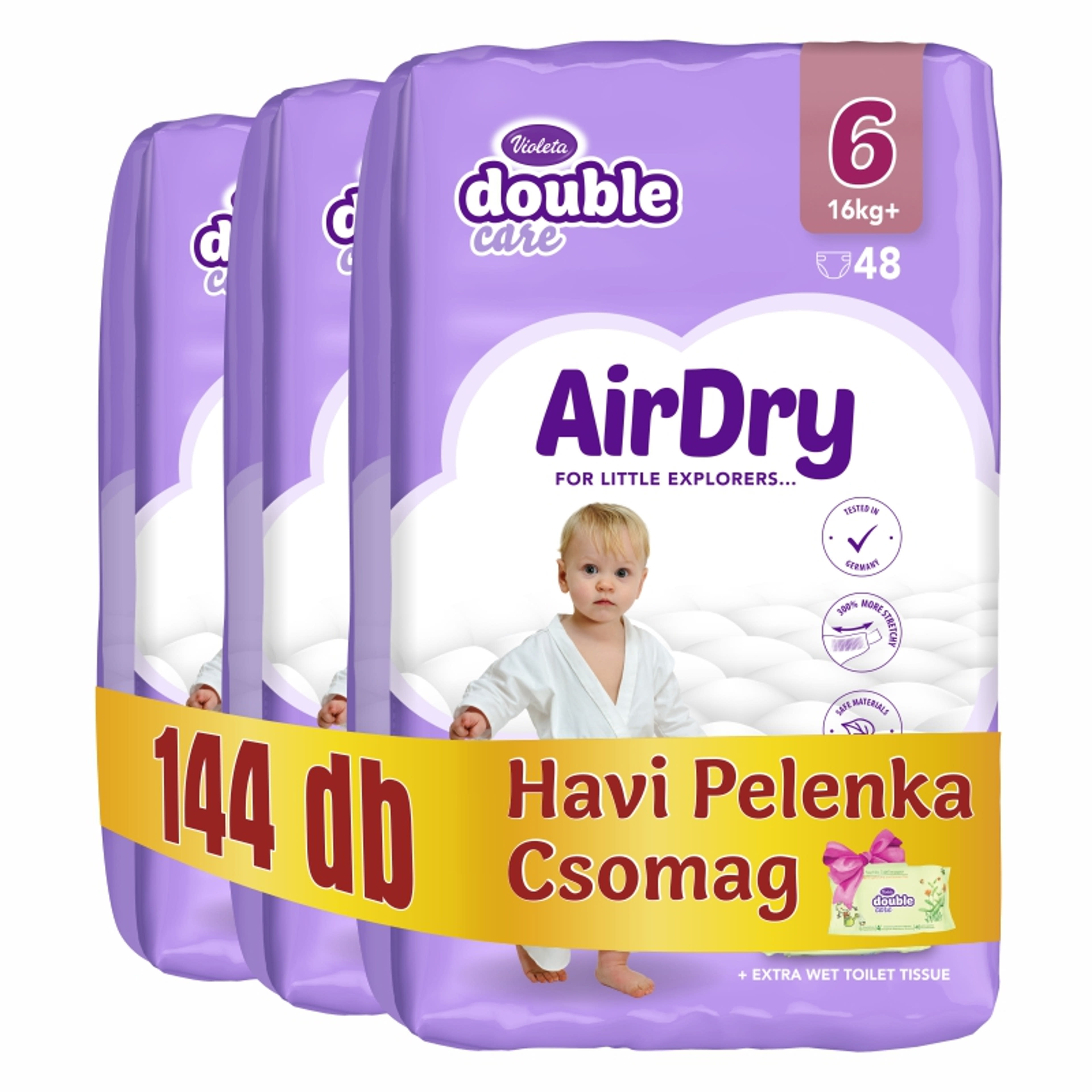 Violeta Double Care Air Dry nadrágpelenka nedves törlőkendővel 6-os méret 16+ kg - 144 db