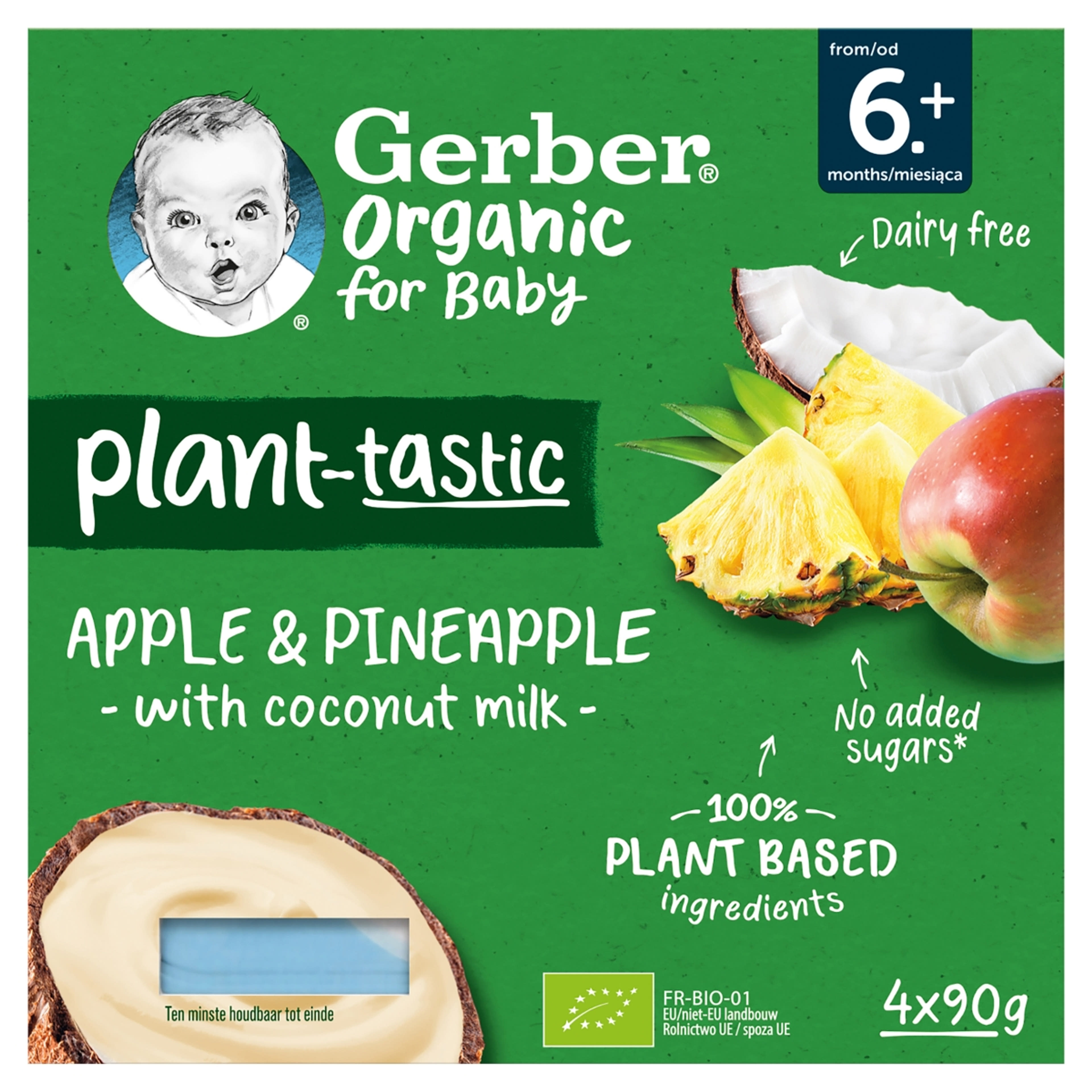 Gerber Organic kókusztej alapú alma-ananász ízű bio babadesszert 6 hónapos kortól 4 x 90 g - 360 g