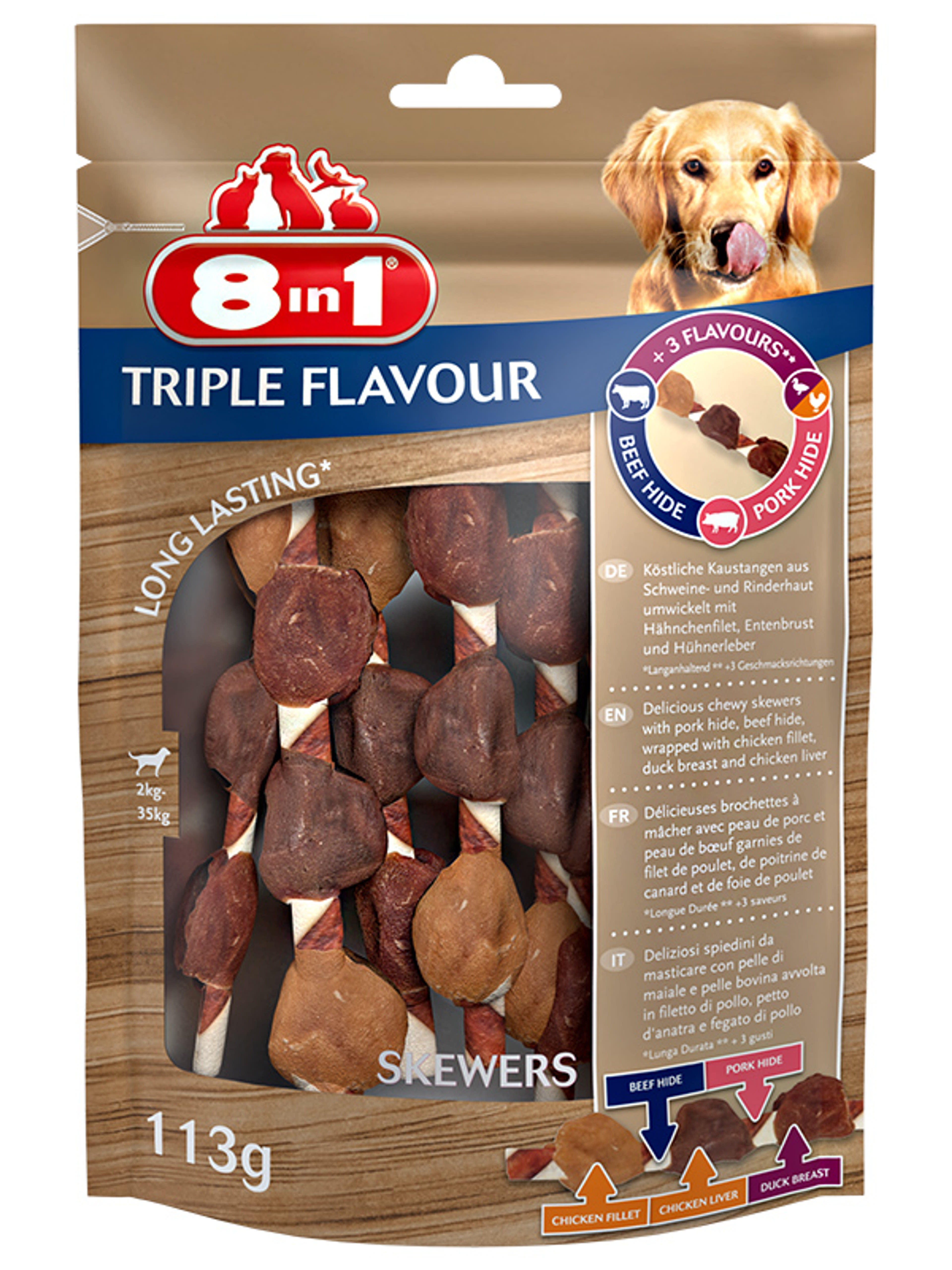 8 in 1 Triple Flavour jutalomfalat kutyáknak, skewes - 6 db