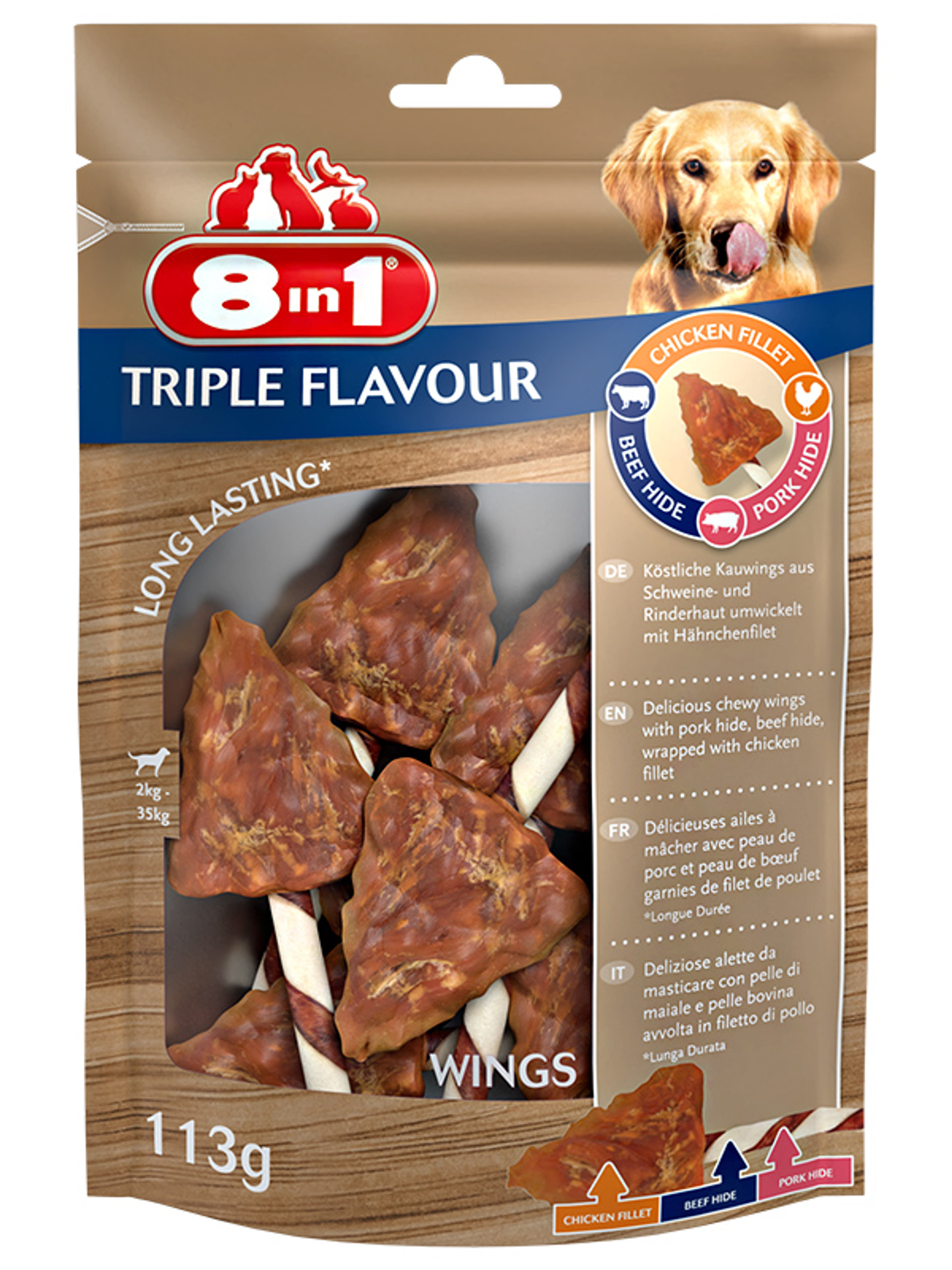 8 in 1 Triple Flavour jutalomfalat kutyáknak, wings - 113 g