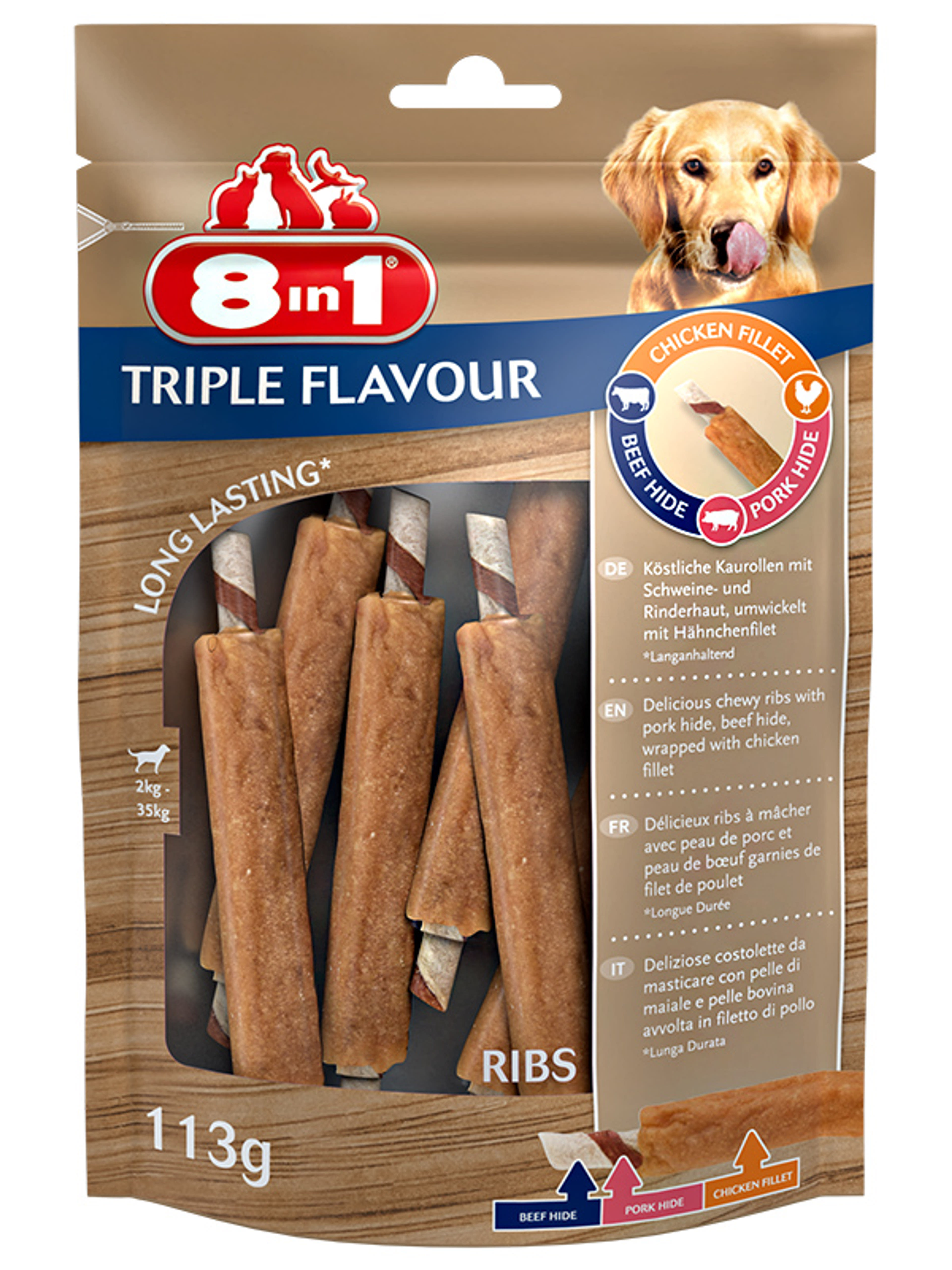 8 in 1 Triple Flavour jutalomfalat kutyáknak, ribs - 6 db