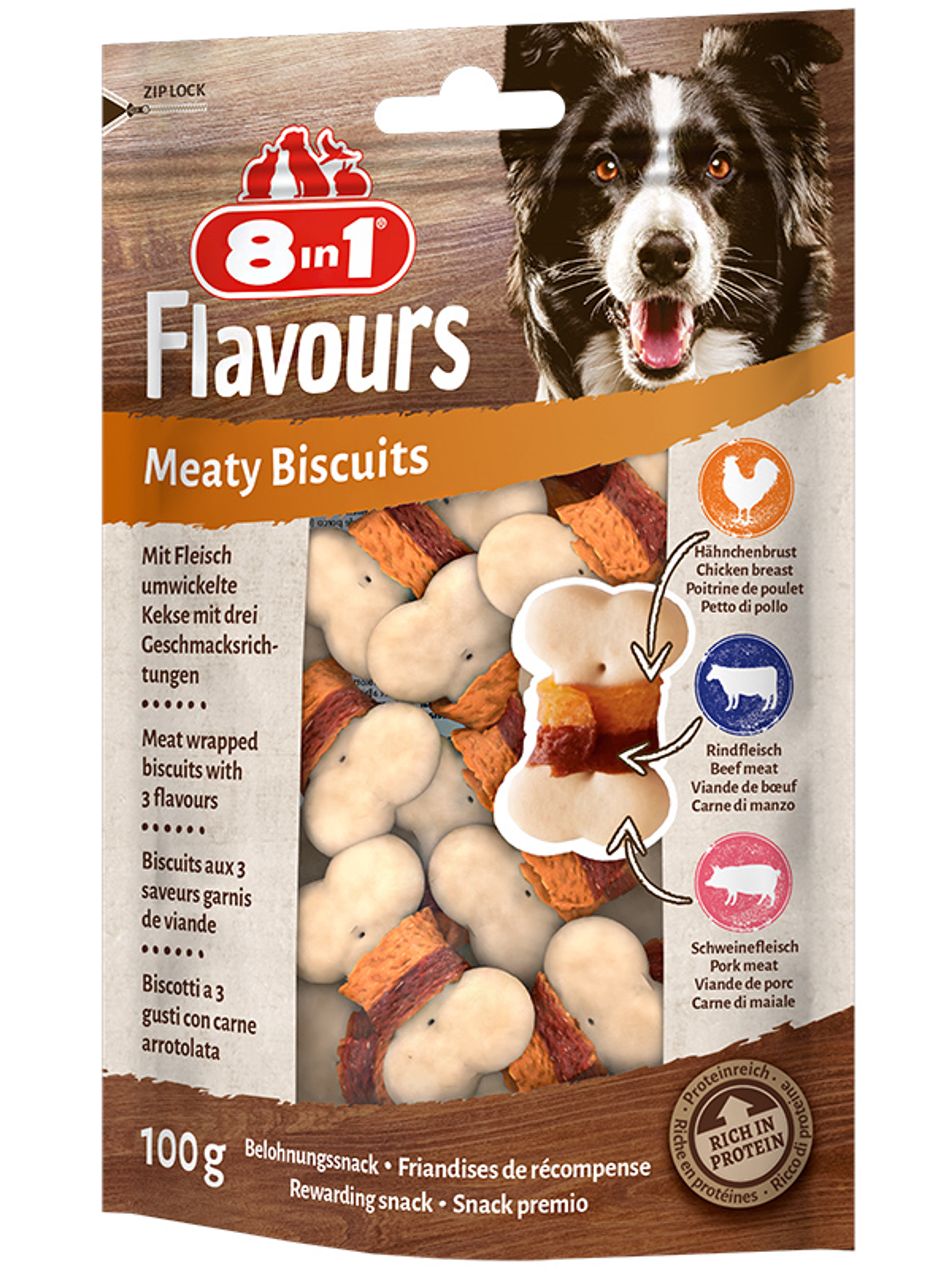 8 in 1 Flavours Meaty Biscuits jutalomfalat kutyáknak - 100 g-1