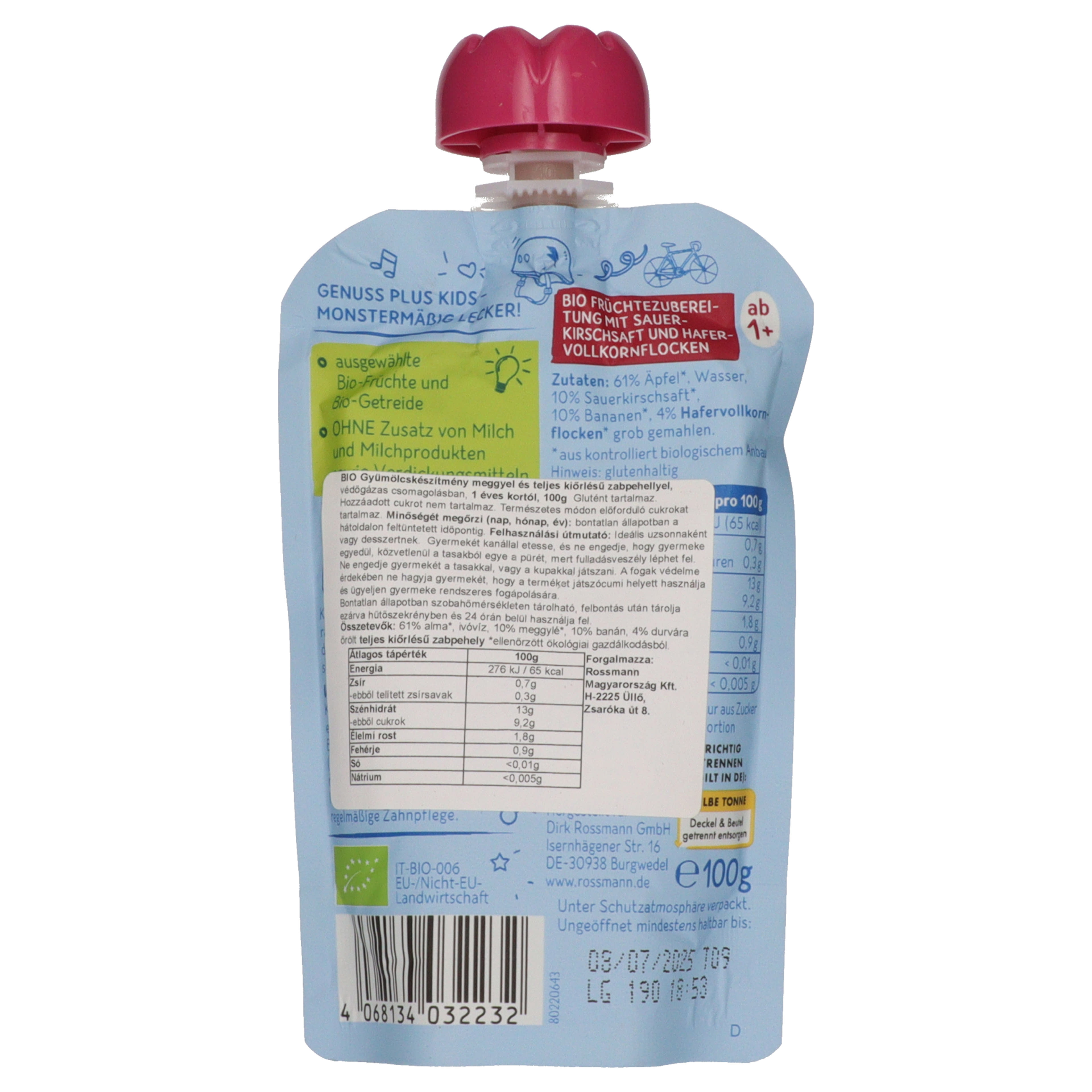 Genuss Plus Kids gyümölcspüré meggyel, banánnal és zabbal 1 éves kortól - 100 g-3