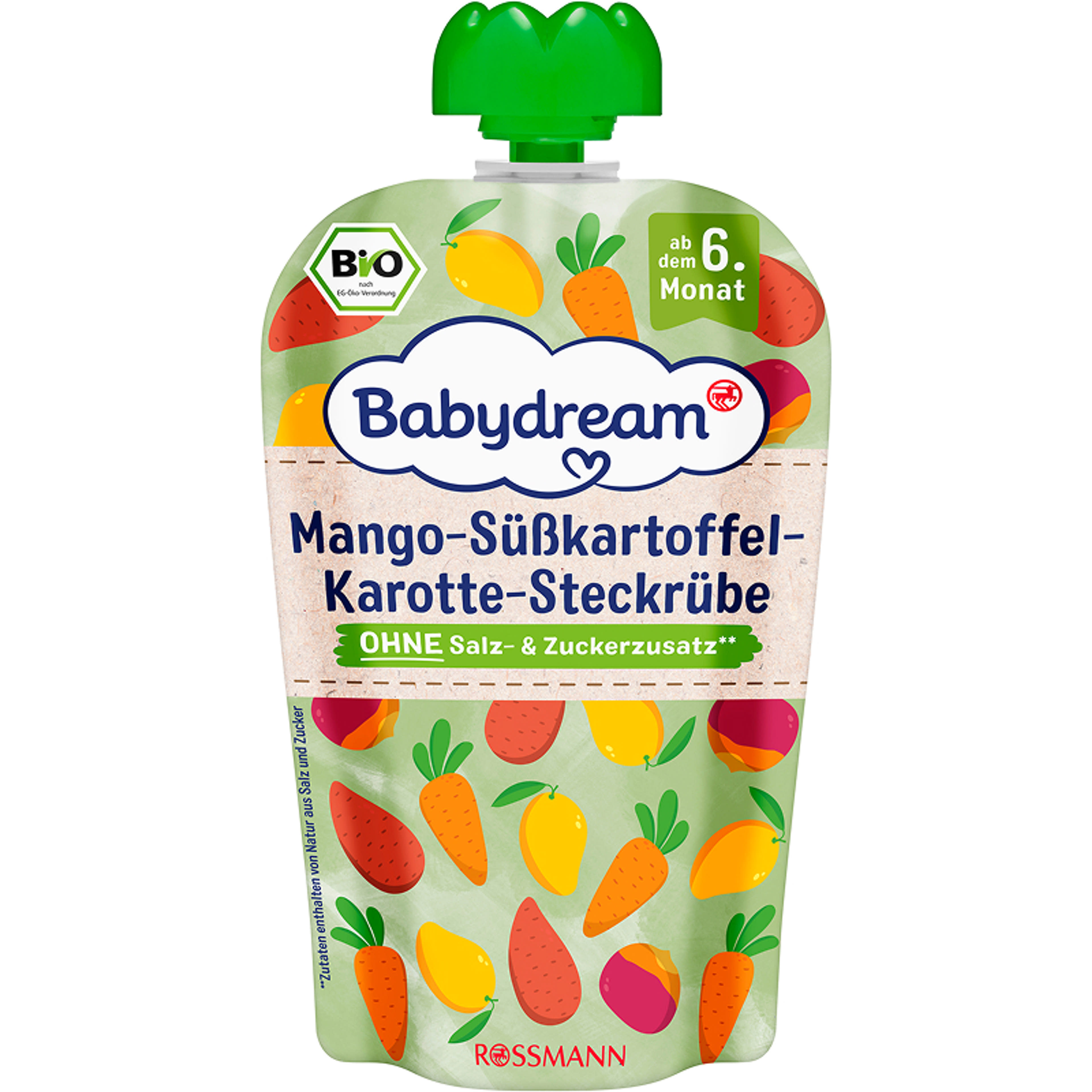 Babydream bio püré mangóval, édesburgonyával, sárgarépával és karalábéval, 6 hónapos kortól - 100 g