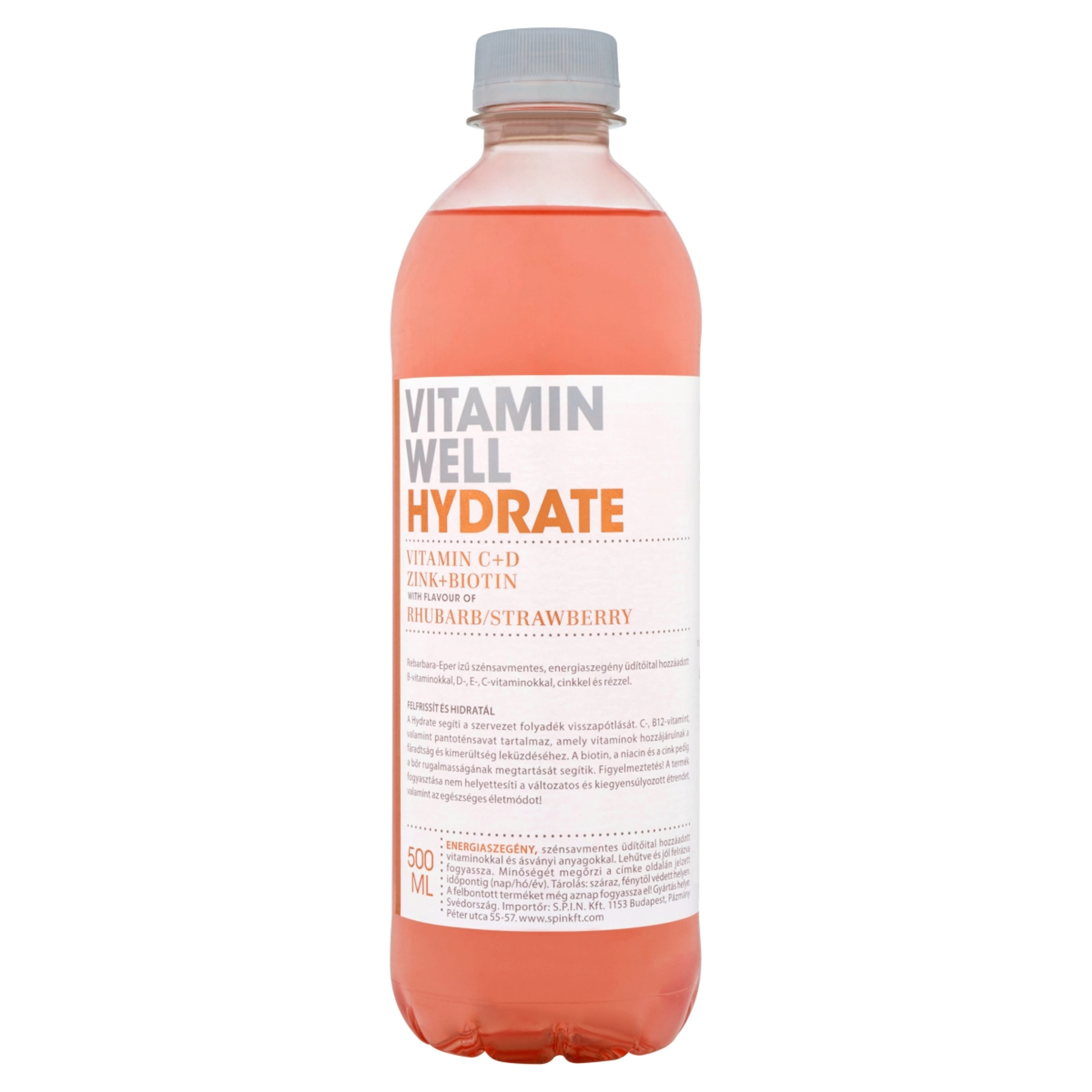 Vitamin Well Hydrate rebarbara-eper ízű, szénsavmentes, energiaszegény üdítőital - 500 ml