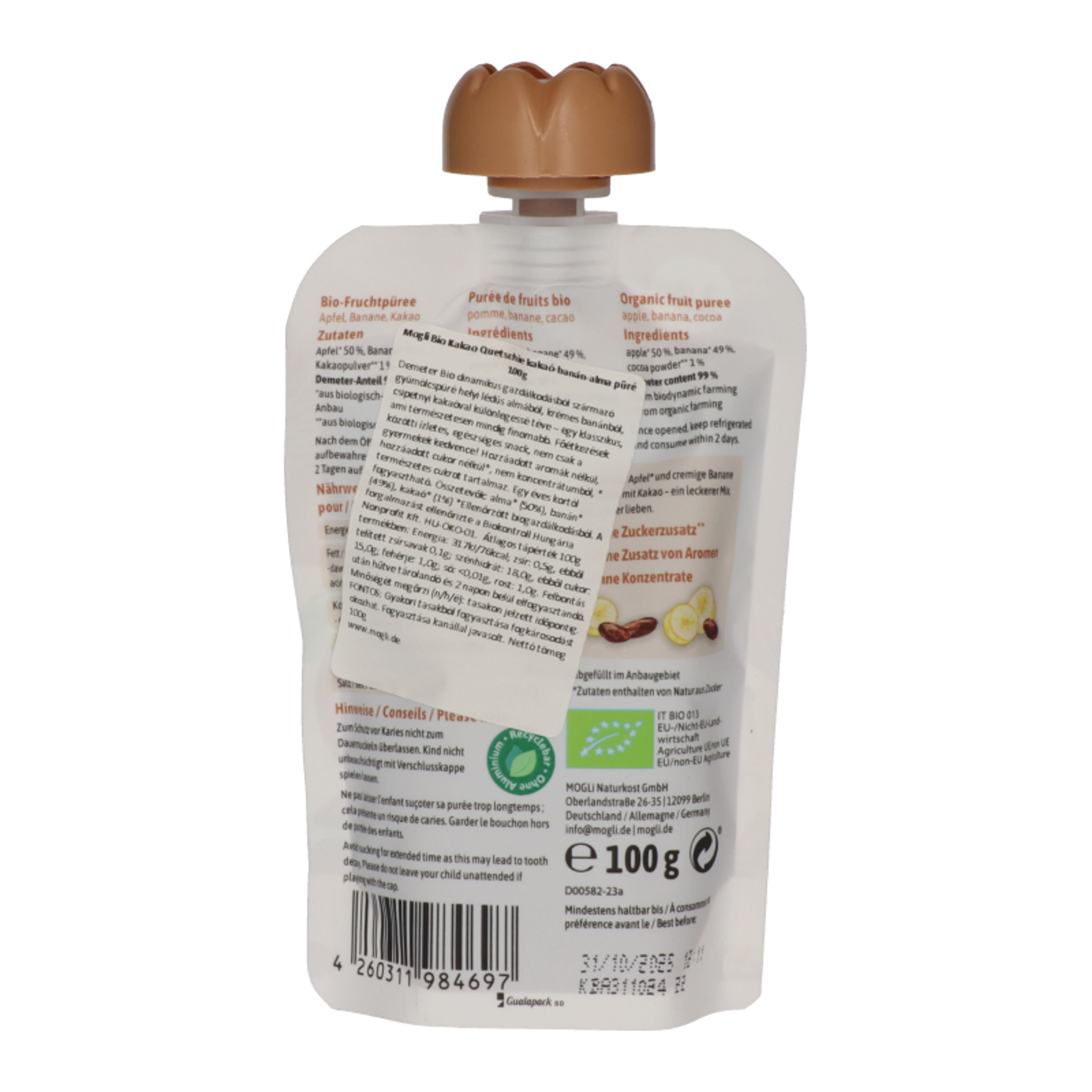 Mogli Bio kakaó-banán-alma gyümölcspüré - 1 db-2