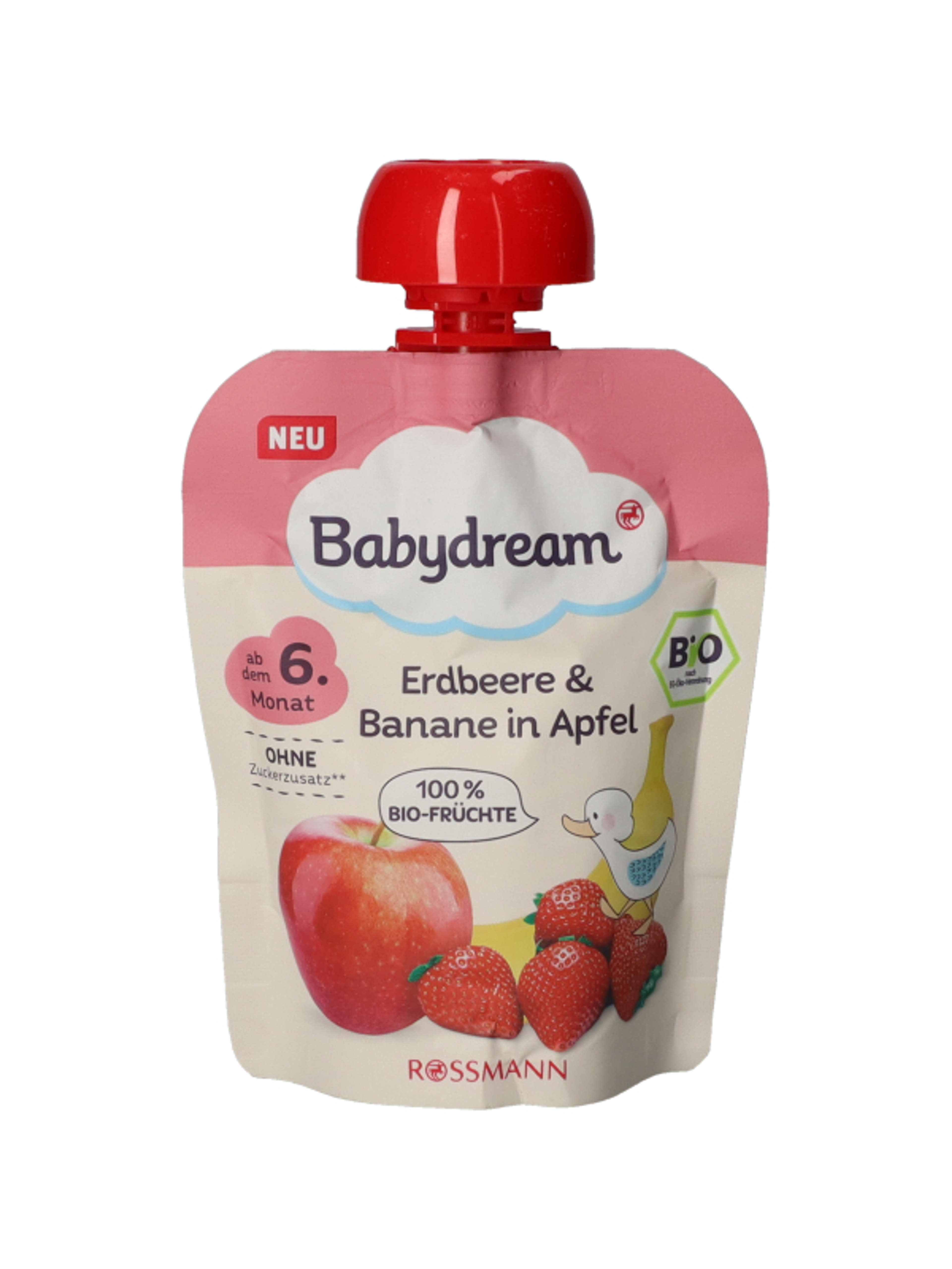 Babydrream Bio gyümölcspüré 6 hónapos kortól, eper-banán-alma - 90 g-1