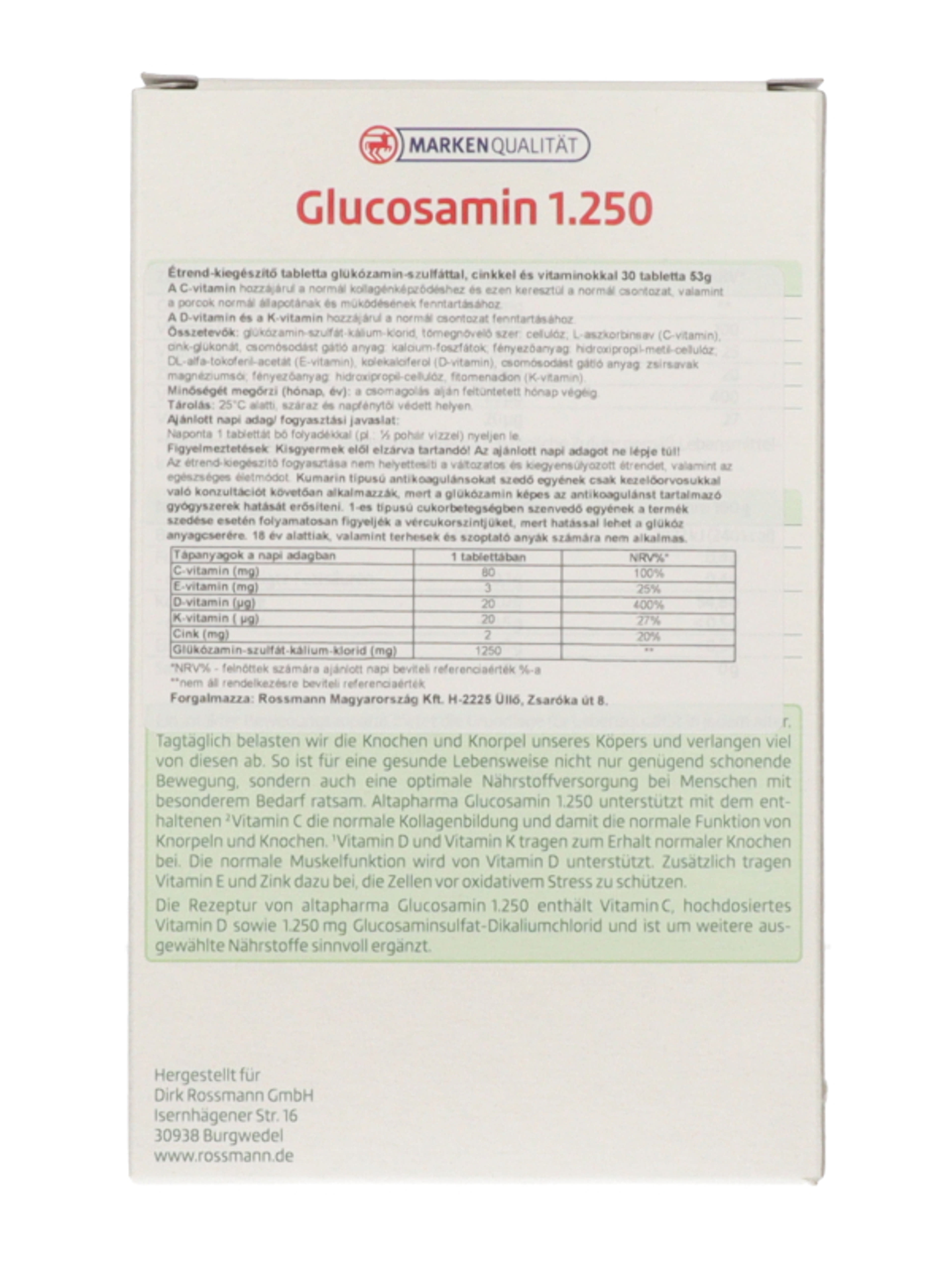 Altapharma étrend-kiegészítő tabletta glükózamin-szulfáttal, cinkkel és vitaminokkal - 30 db-3